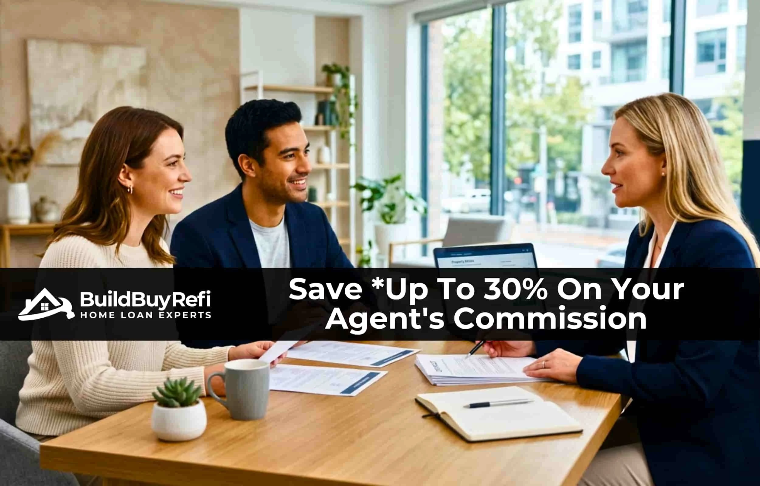 A couple sitting at a desk meeting at a Real Estate agents office and going over their paperwork, learning about their 30% savings buying and selling with BuildBuyRefi.com