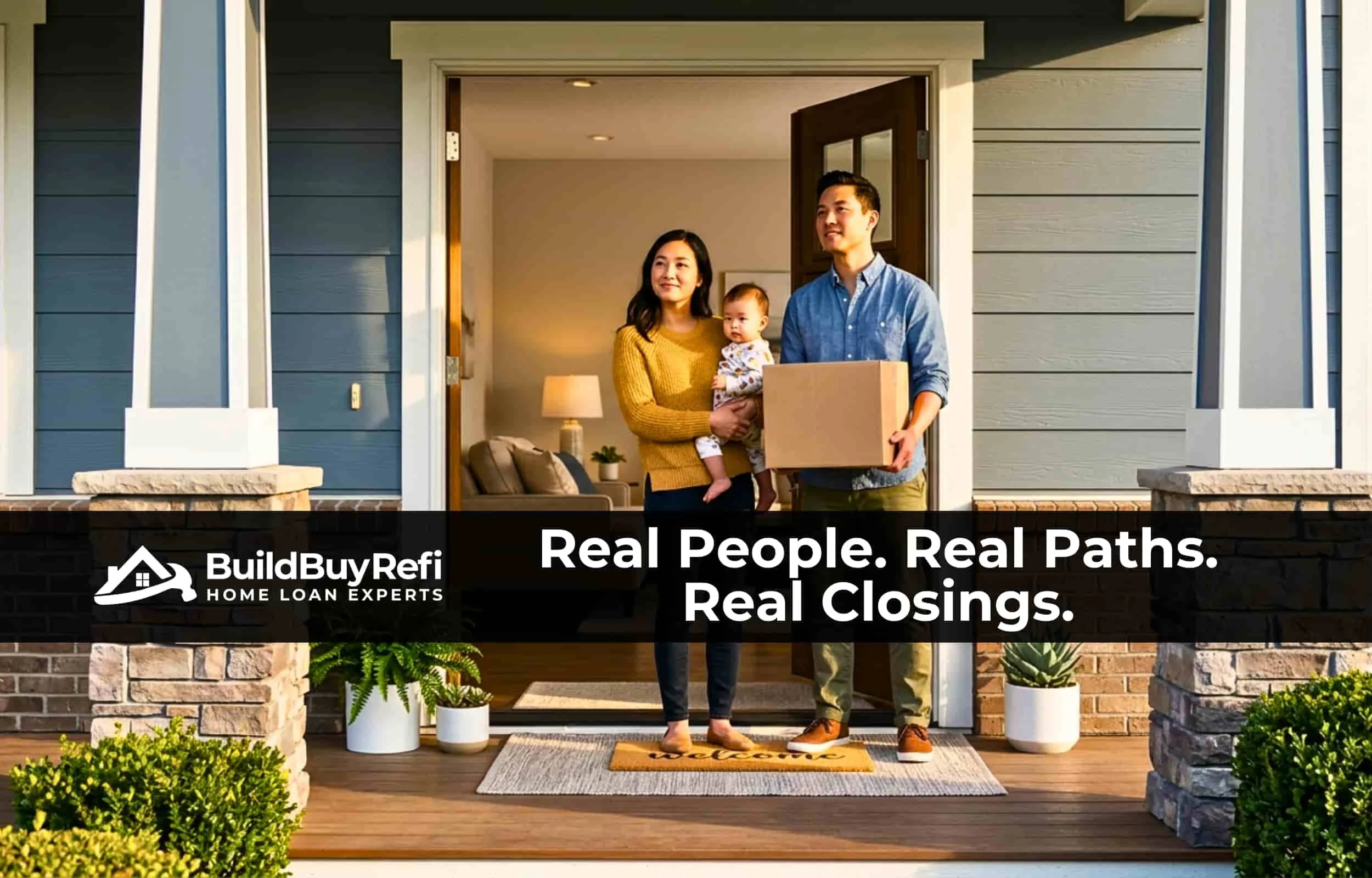 A young asian family, mom holding a baby, dad holding a moving box, standing on the porch of their new craftsman style home at the doorway, looking from outside to inside, representing real people working with BuildBuyRefi.com DPA Program