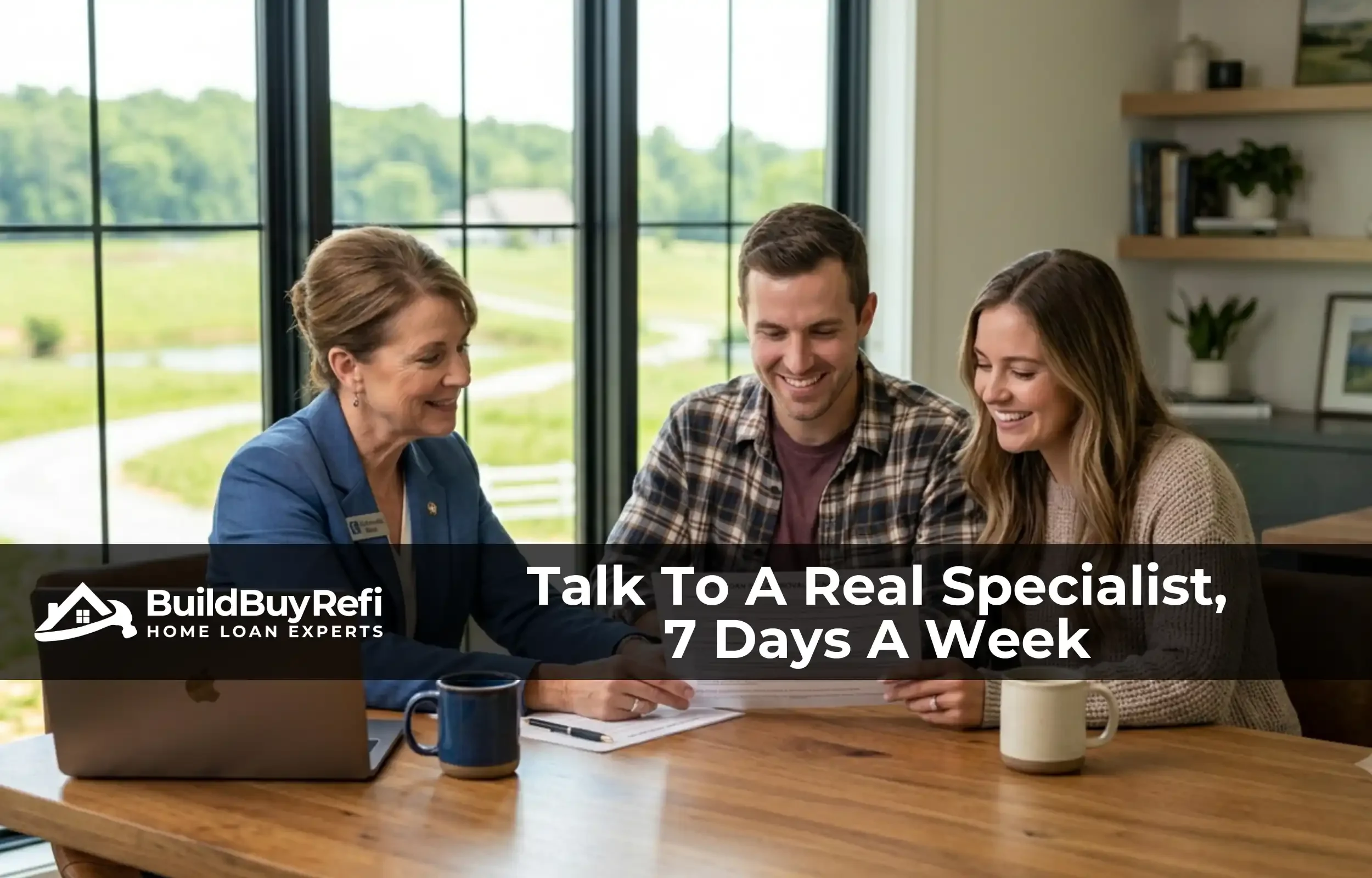 Friendly home loan specialist with a couple reviewing loan papers at a table, she’s ready to help, representing the 7-day support team at Build Buy Refi Home Loans.