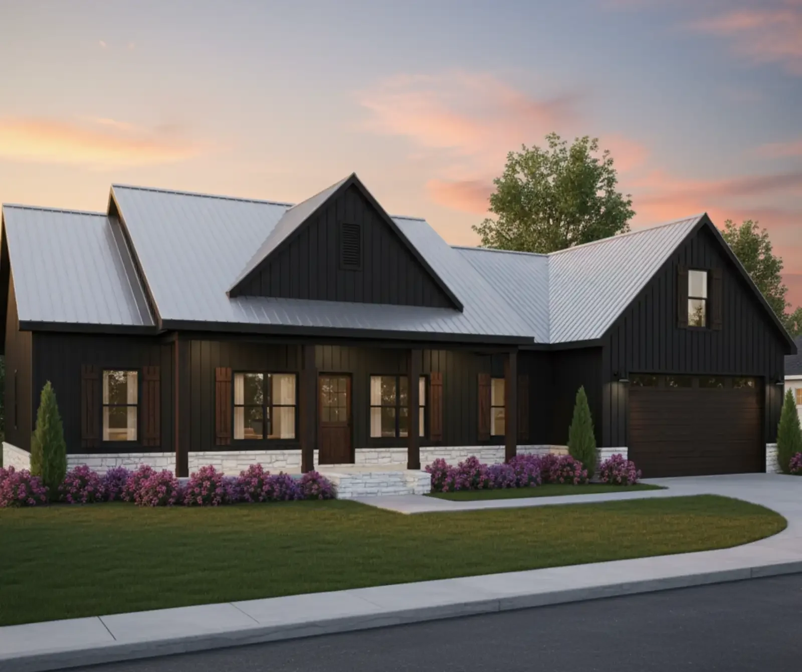 The Briarwood Kit Home - Metal Home by Homerun Building Supply, with a dark exterior, light stone, covered porch, 2 car garage, 2nd level, beautiful gabled roofs, financing by BuildBuyRefi.com