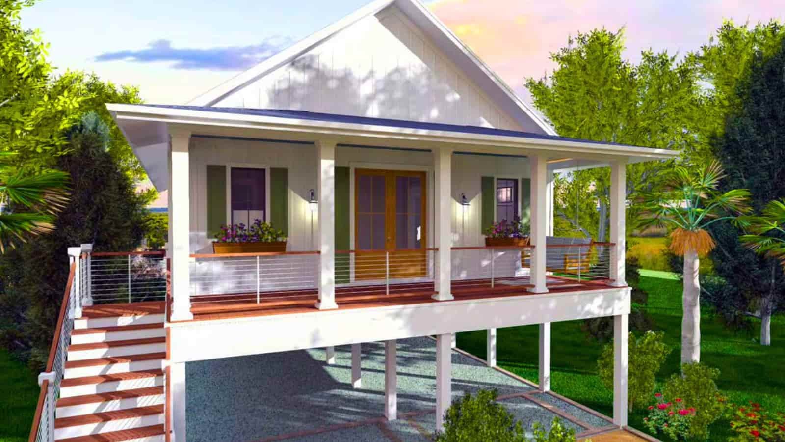 A beautiful 1 ½ story custom home rendering on piers, 2nd level deck white vertical siding, green shutters, double door entry, beautiful columns, and nice wood stair contrast to the white home. Financed by BuildBuyRefi.com