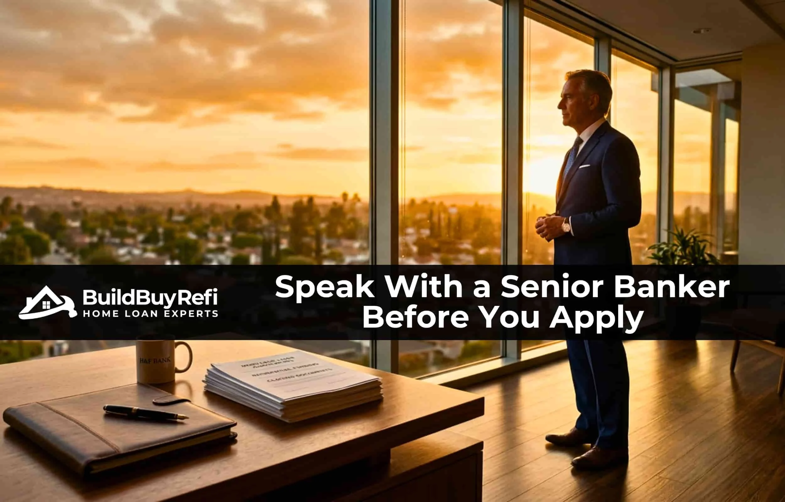Senior mortgage banker at a BuildBuyRefi.com executive office window during golden hour, ready to discuss mortgage scenarios with prospective borrowers across all 50 states.