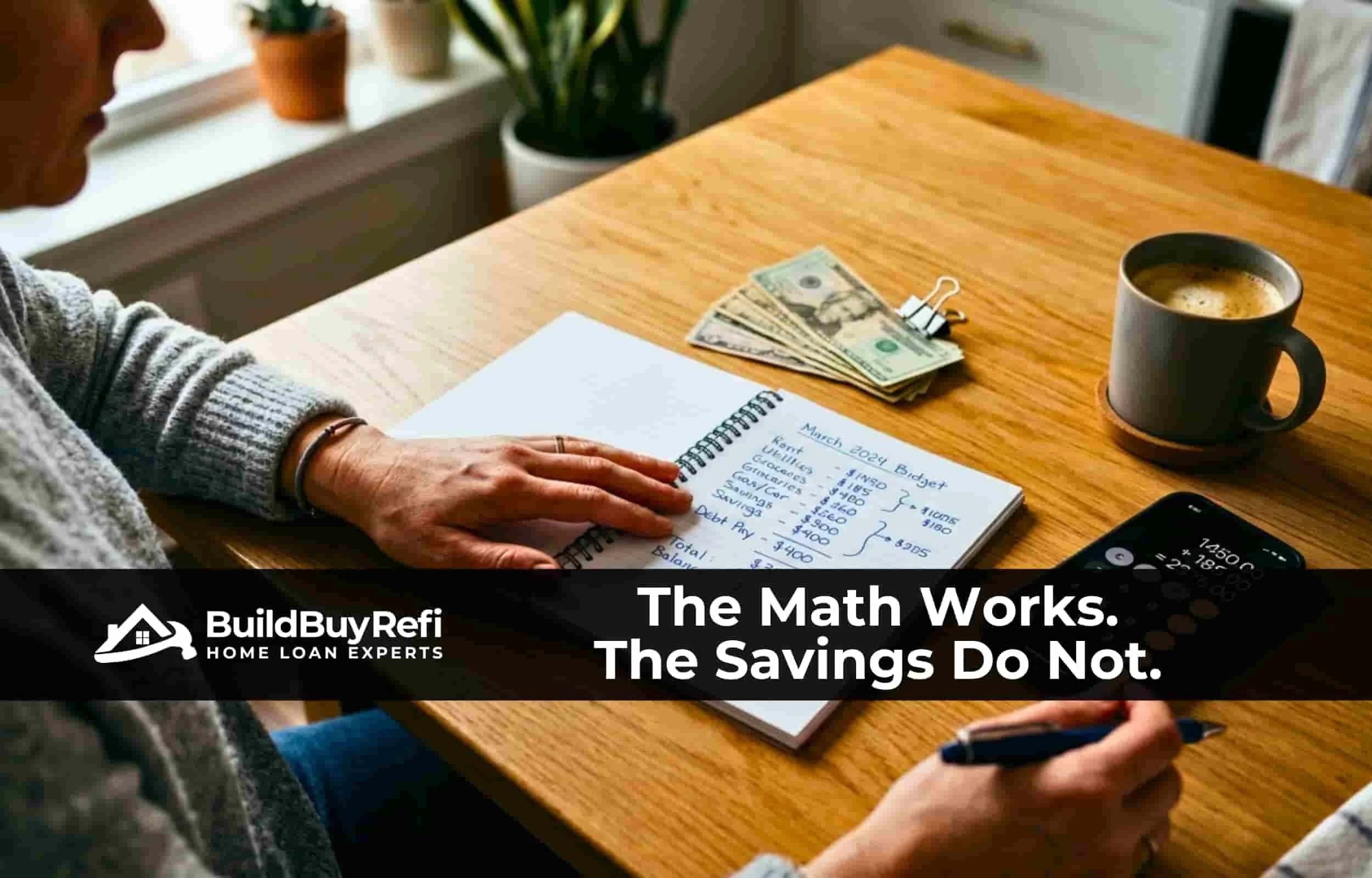 A woman in a sweater sitting at wooden kitchen table, her hands hold a page on budget notepad, money on table, other hand holds a pen near phone calculator app with coffee cup and coaster, calculating costs with BuildBuyRefi.com