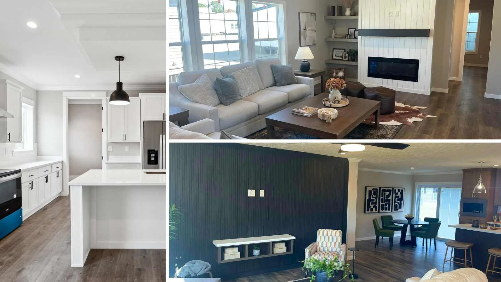 3 Image interior collage of an open floor plan for living, dining, kitchen, breakfast areas, built in fireplaces, featured accent walls and more, offered by Streamline Modular Homes, LLC of North Carolina, a registered builder with BuildBuyRefi.com