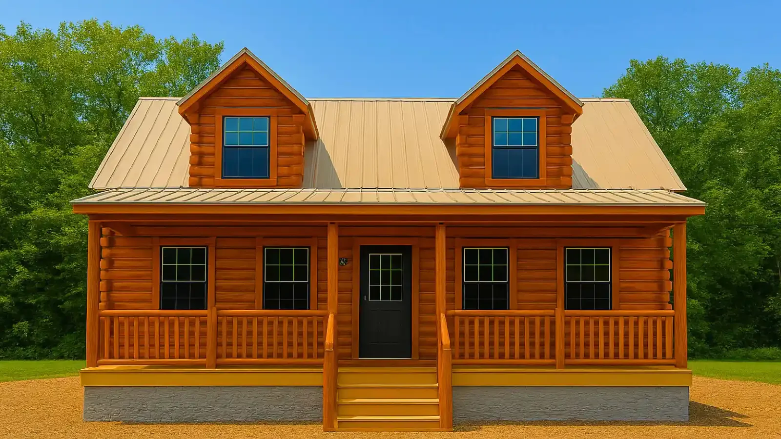 Front image of The Chattanooga oak log home by Amish Built Cabins, offered in all 50 states with up to 100% loans for land and home construction by BuildBuyRefi.com