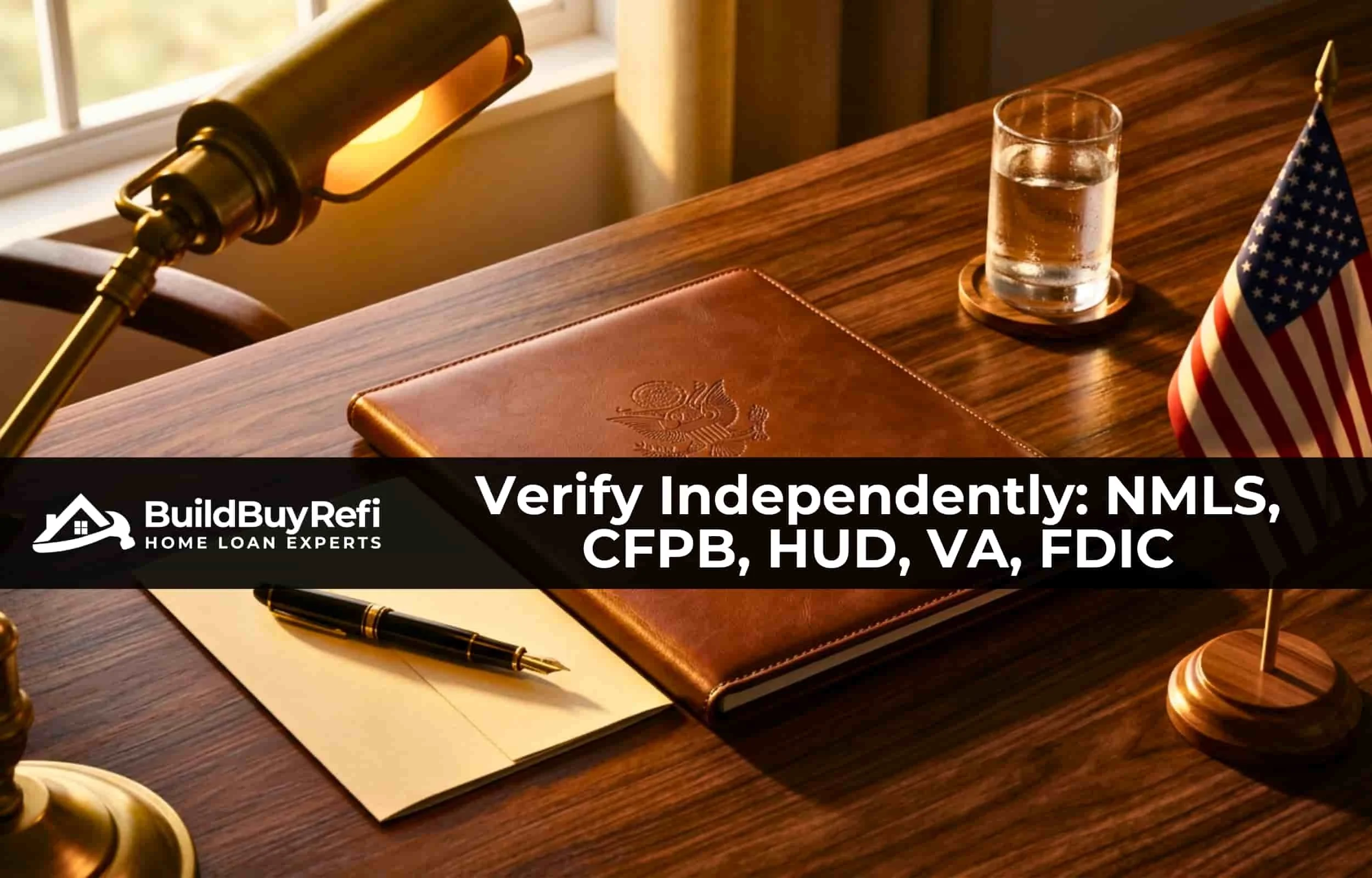 Professional banking desk arrangement representing the regulatory transparency and licensing standards BuildBuyRefi.com, powered by The Federal Savings Bank, operates under in all 50 states.