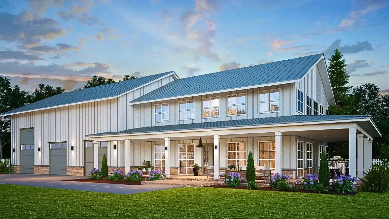 The Dream Big white metal Barndominium, with 3 Bay Garage, 1 for your executive Motor Coach, 2 Story with Wrap around 3 sided covered porch, offered by ModularHome.com with up Jumbo Construction Loans by BuildBuyRefi.com
