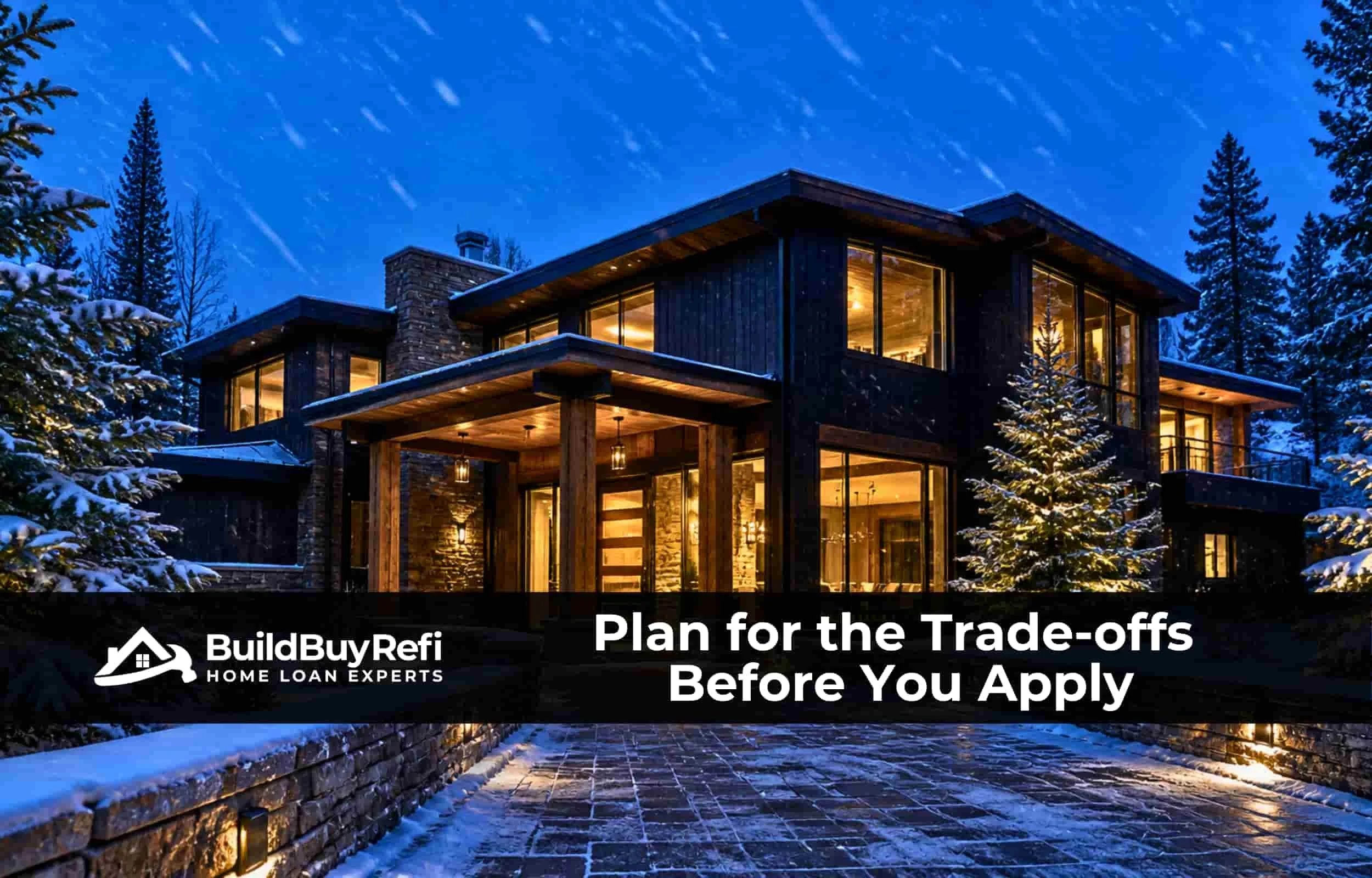 Contemporary luxury home at twilight with light snowfall and warm interior glow, representing risks and trade-offs of jumbo mortgage financing through BuildBuyRefi.com.