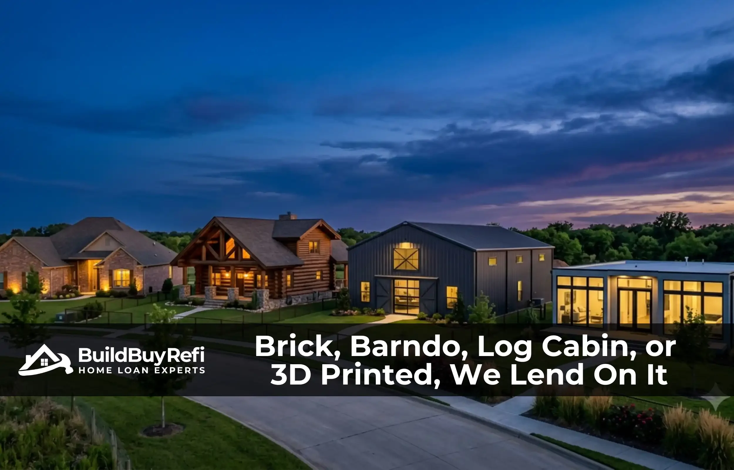 Brick, log, barndominium, and modular homes at blue hour, showing the property styles eligible for cash-out at BuildBuyRefi.com.