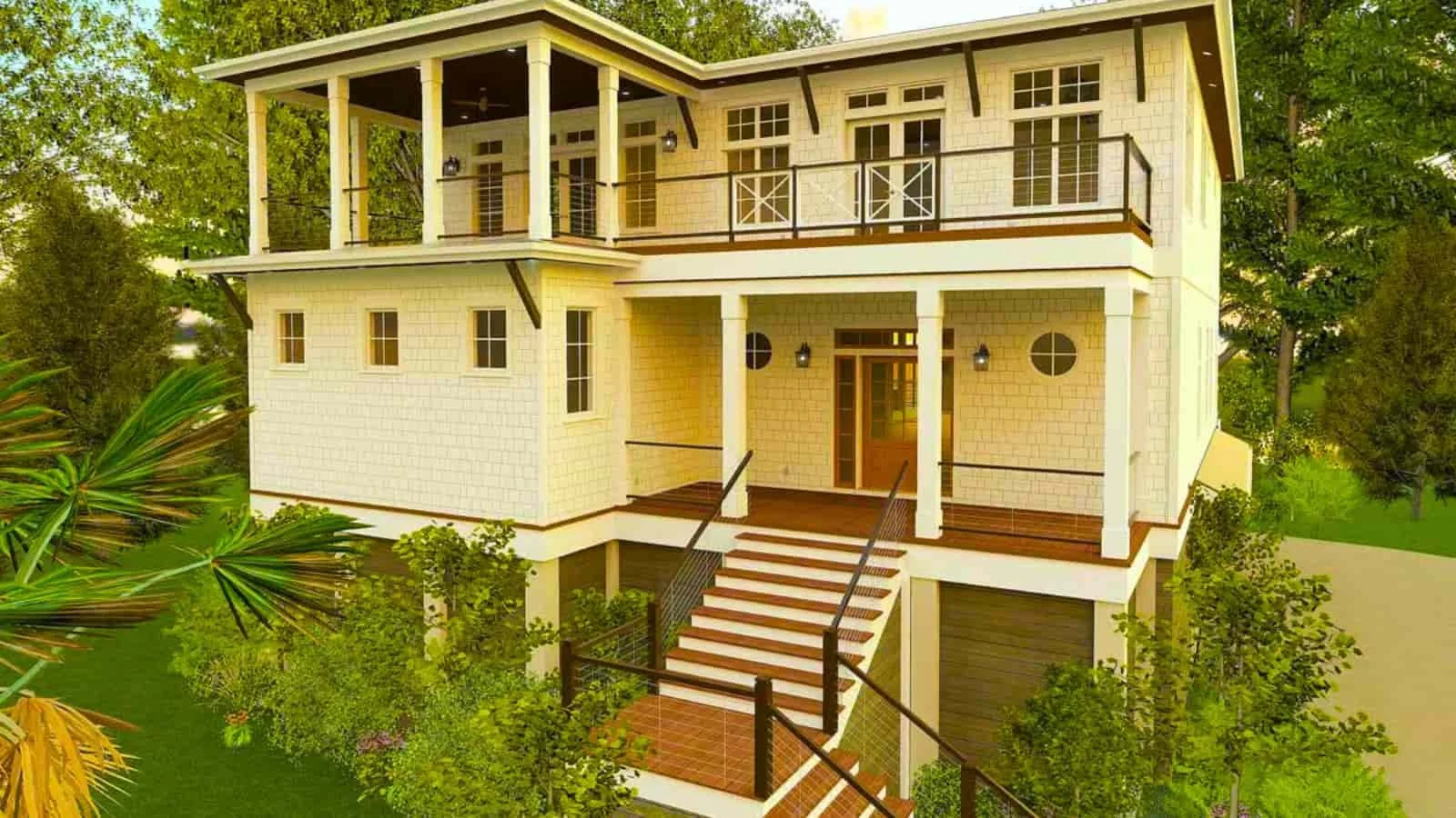 A 3 Level custom Florida home, shake cottage style siding, on piers, 3rd level deck with covered porch, porthole windows, and beautiful landscaping, one of Glades & Bay Construction Homes financed by BuildBuyRefi