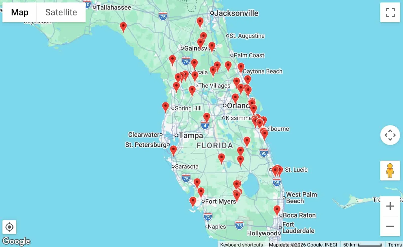 Google Map of locations that Florida Value Homes serves across the state with BuildBuyRefi.com as their preferred lender.