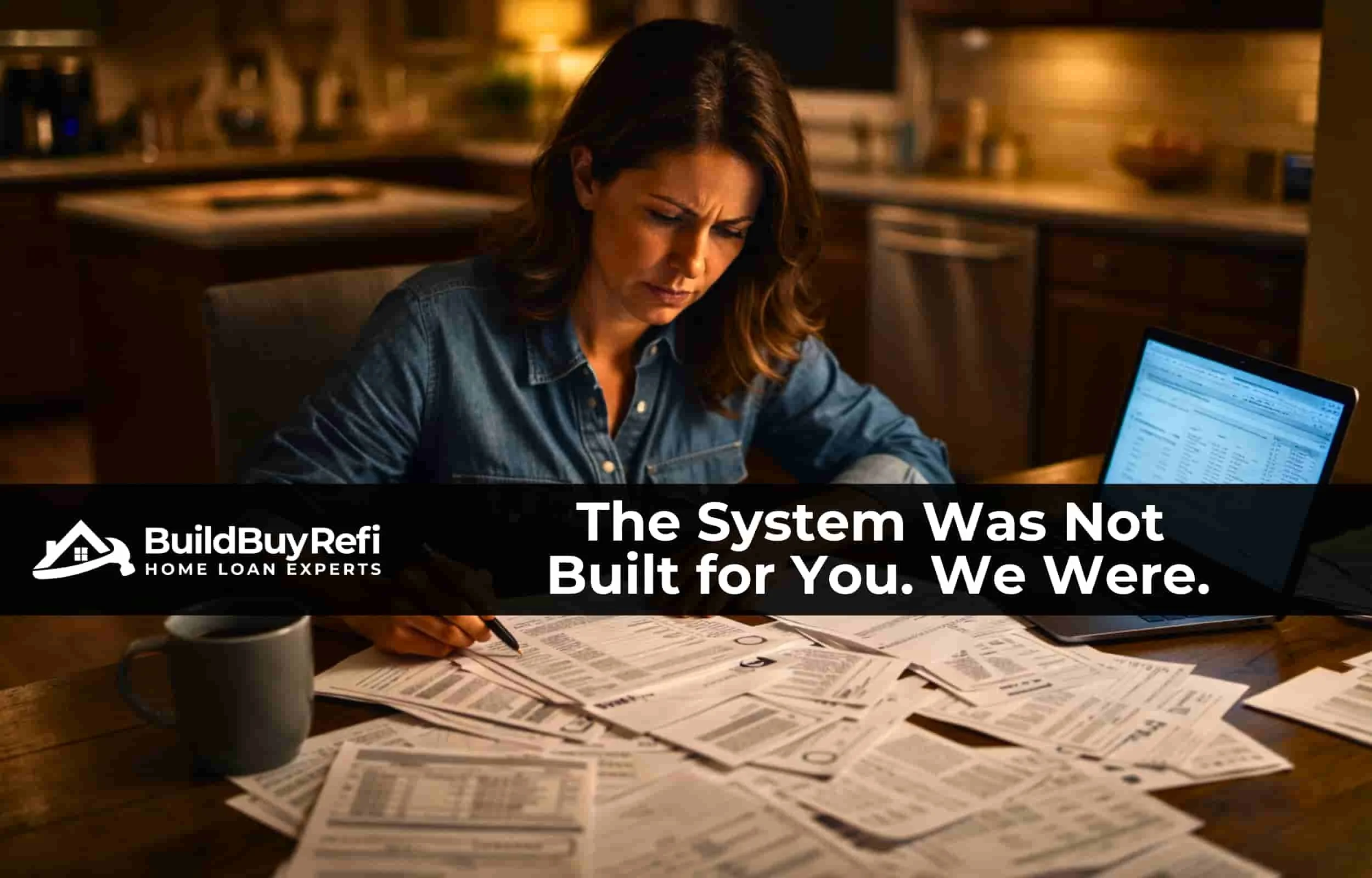 A woman in her mid to late 30s in a blue jean shirt sitting at a kitchen table calculating taxes and bills with a coffee cup on one side and a laptop computer on the other. Preparing her loan for BuildBuyRefi.com