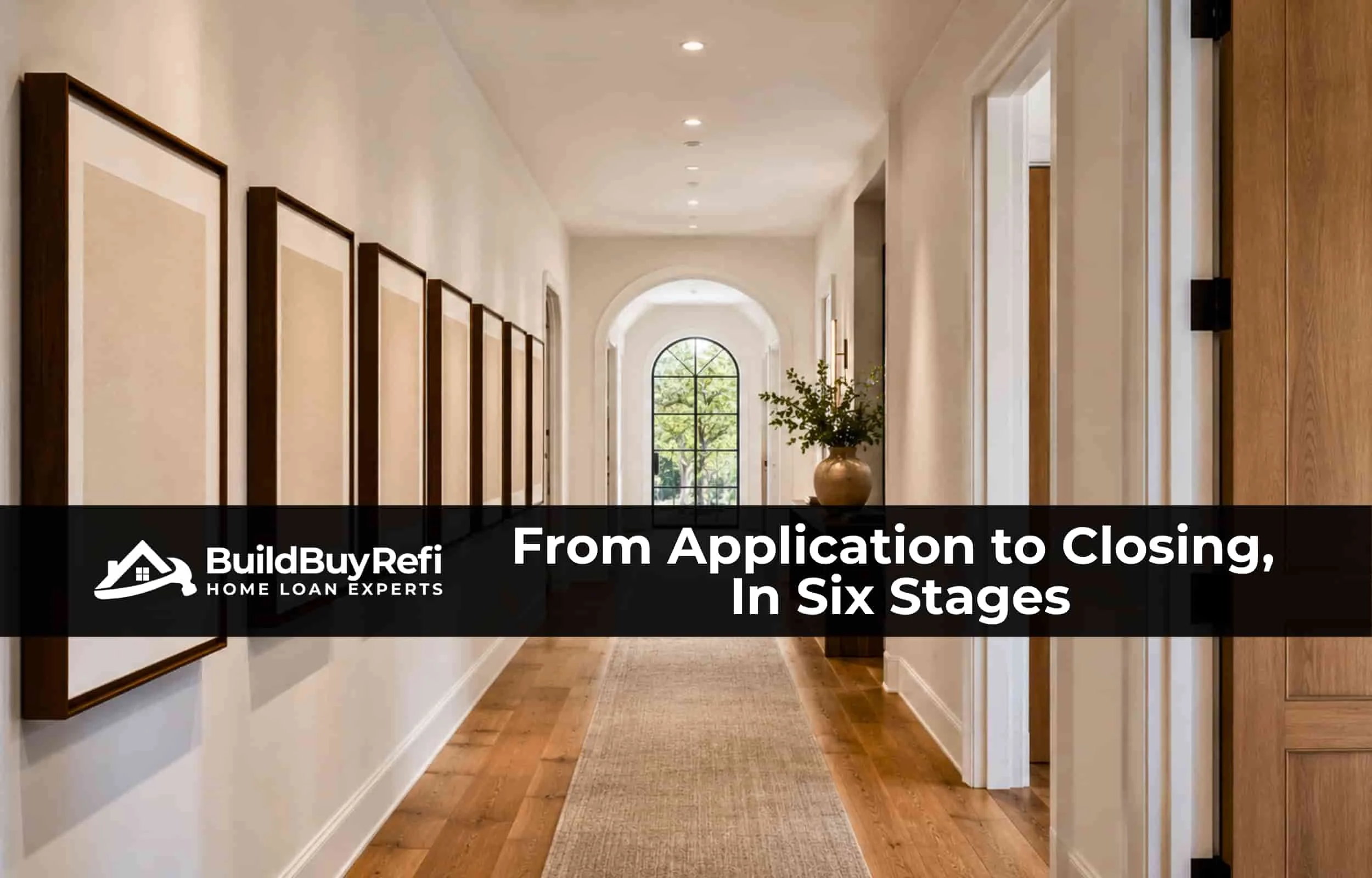 Long luxury home hallway with six framed artworks evenly spaced toward an arched window, illustrating the six-stage jumbo loan closing timeline at BuildBuyRefi.com.