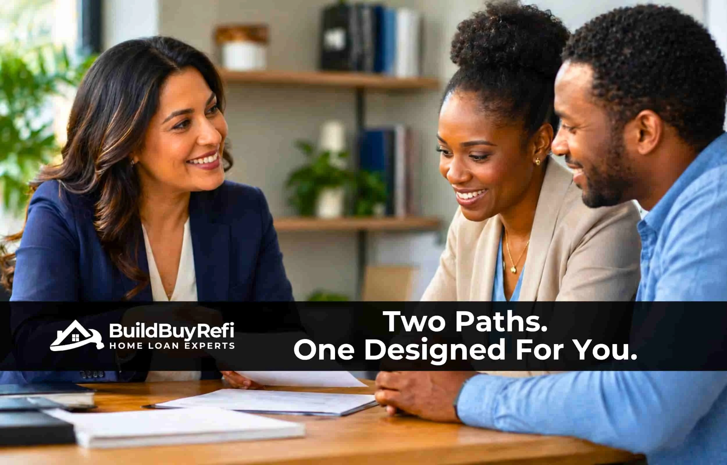 A hispanic banker in a blue suit sitting at a table talking to a black couple going over papers in front of them showing two in-house down payment assistance programs offered by BuildBuyRefi.com