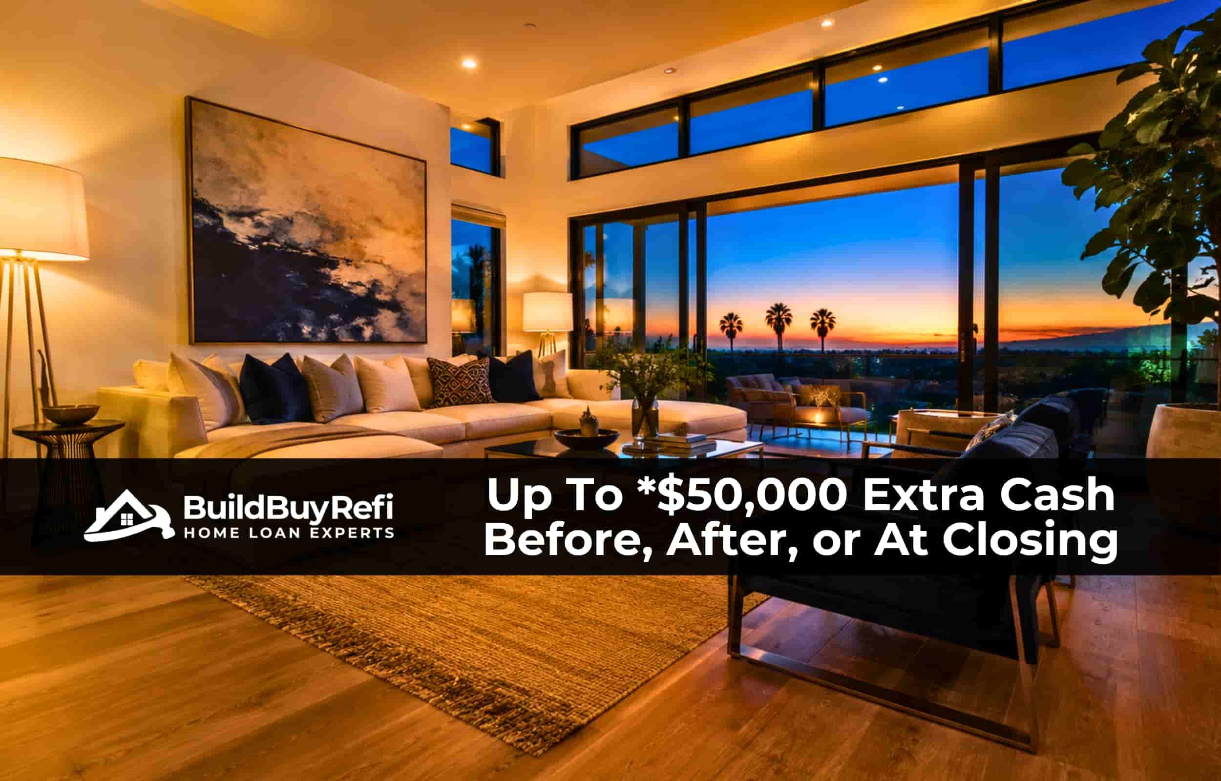 Newly furnished luxury great room at twilight illustrating the BuildBuyRefi.com Purchase Plus $50,000 Consumer Loan paired with a jumbo mortgage at closing.