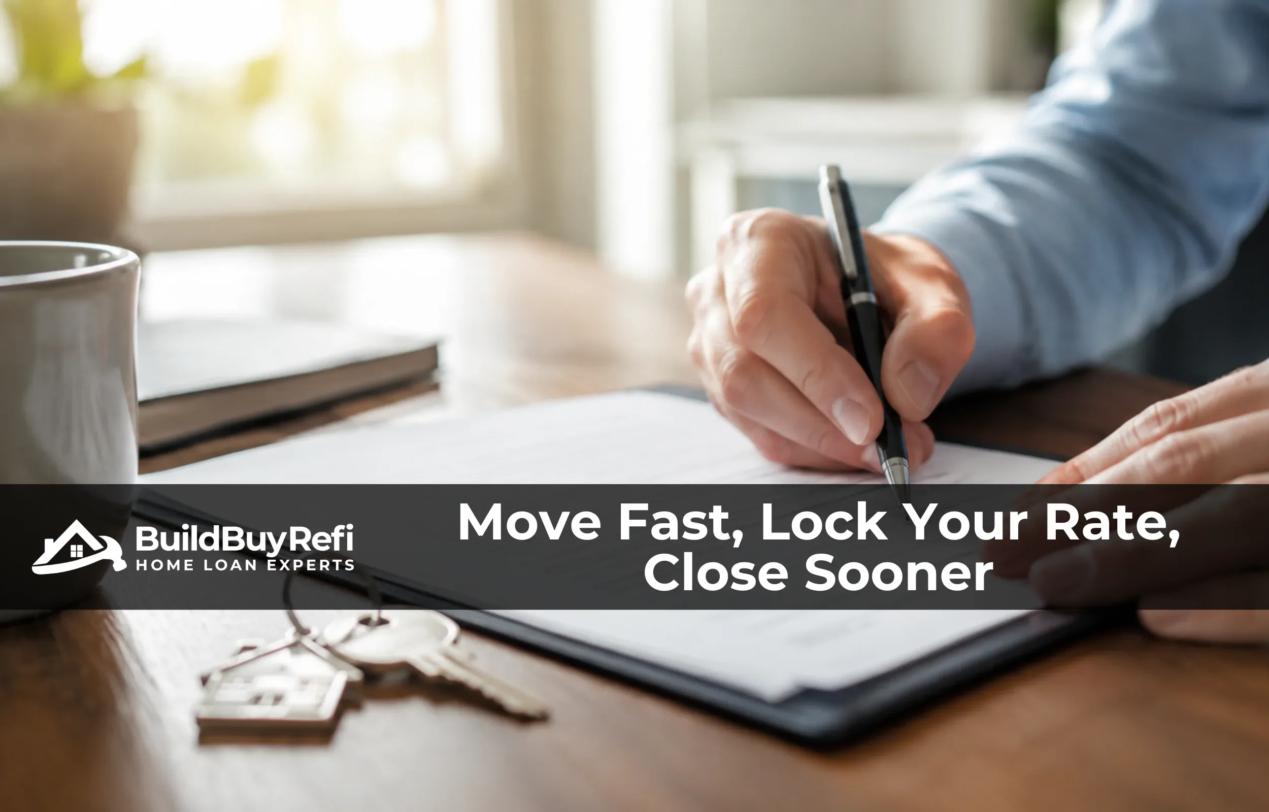 Borrower signing closing documents with house keys nearby, representing the fast closing process at Build Buy Refi Home Loans.