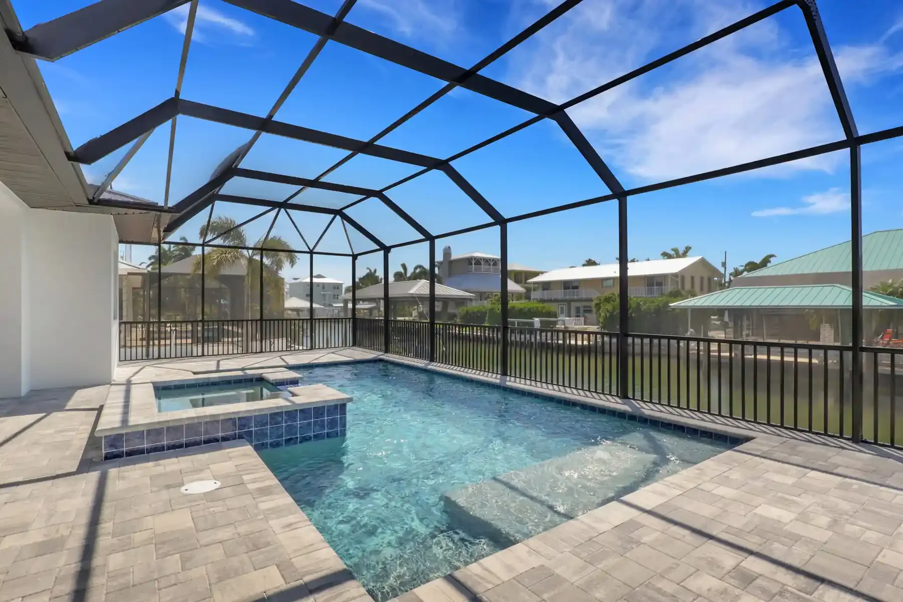 Custom add on screened in pool and spa designed and built by Sposen Signature Homes of Florida and financed by BuildBuyRefi.com