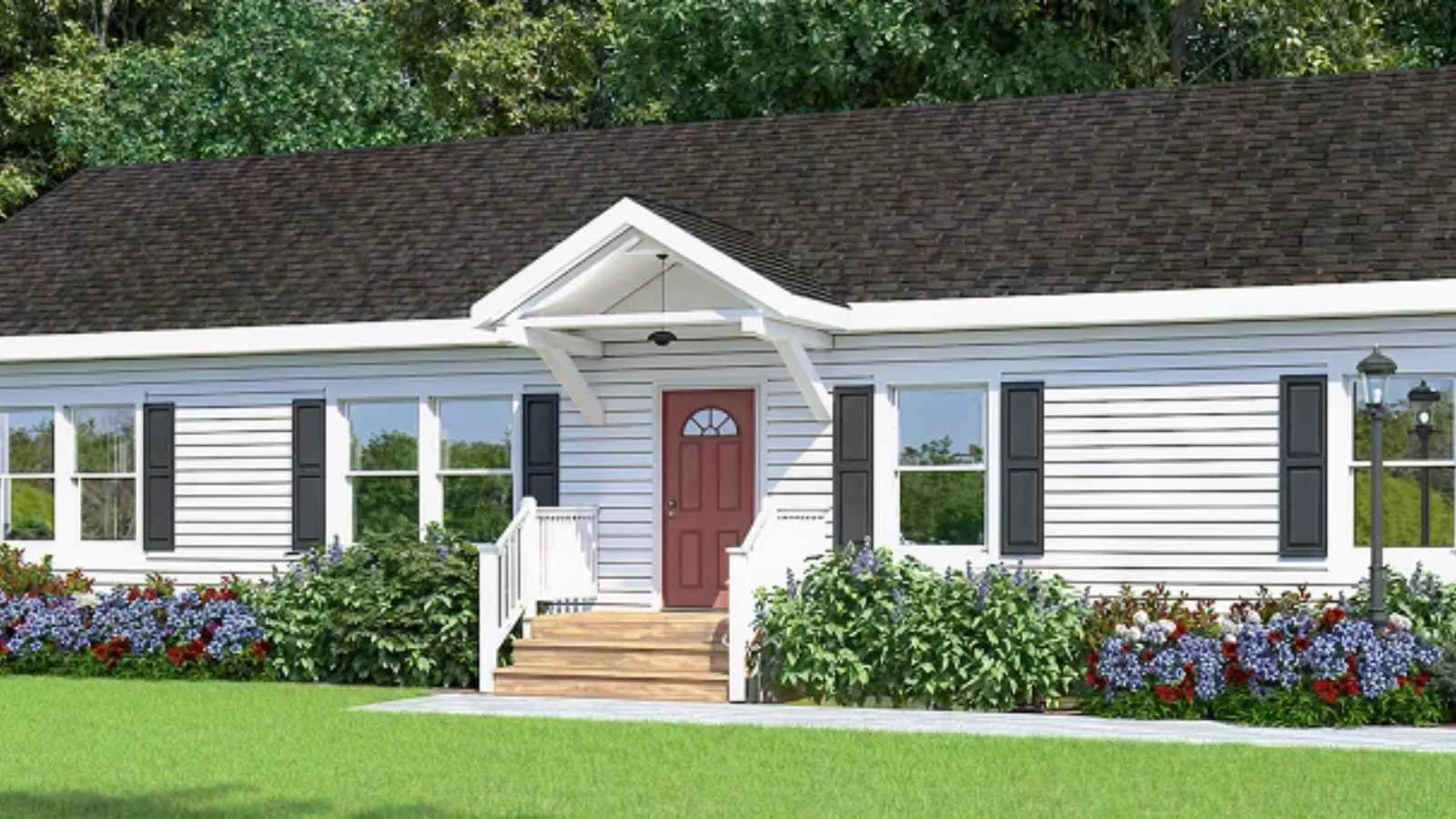 Gorgeous Manufactured Home, White Farmhouse style, front porch, gabled roofs, beautiful landscaping, from Lynn Modular Homes, a registered builder/dealer of BuildBuyRefi.com