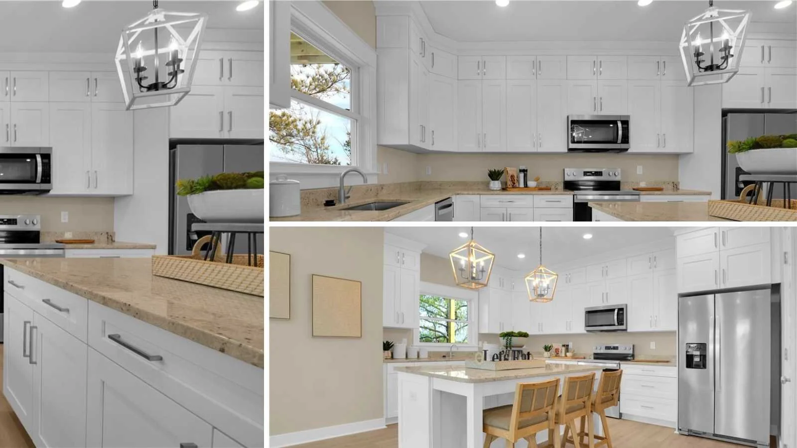 3 image collage of beautiful kitchens, from custom pendant lighting, to breakfast bar islands, stainless steel appliances, granite counters, white shaker cabinets, hardwood flooring, beautiful windows and lighting from Almond Exteriors.