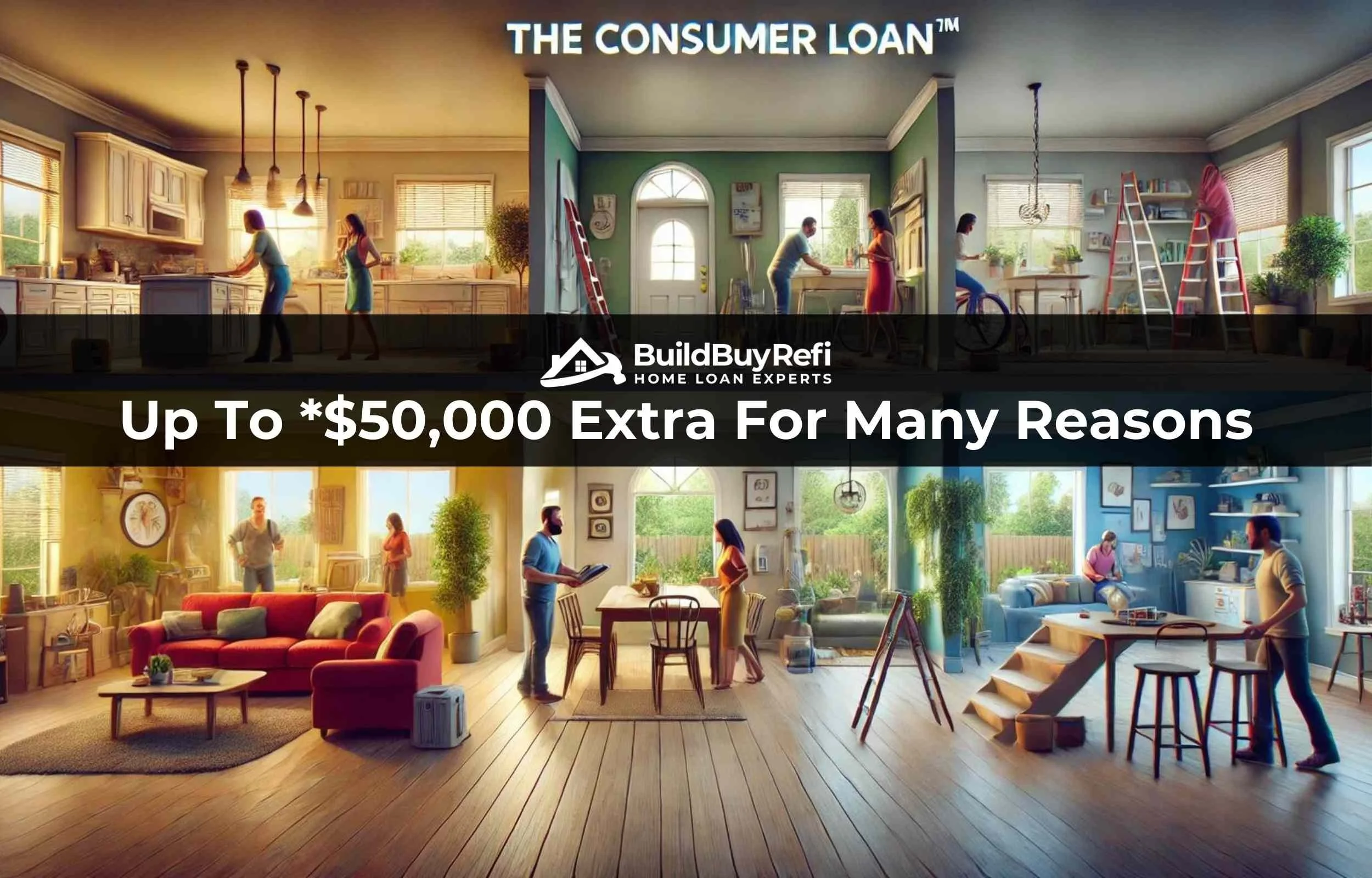 A 6 scene segment cutaway of a house showing different rooms being remodeled, furnished, updated, all the things that can be done with the extra 50K like furnish a home, remodel a kitchen or a bathroom, or add an ADU.