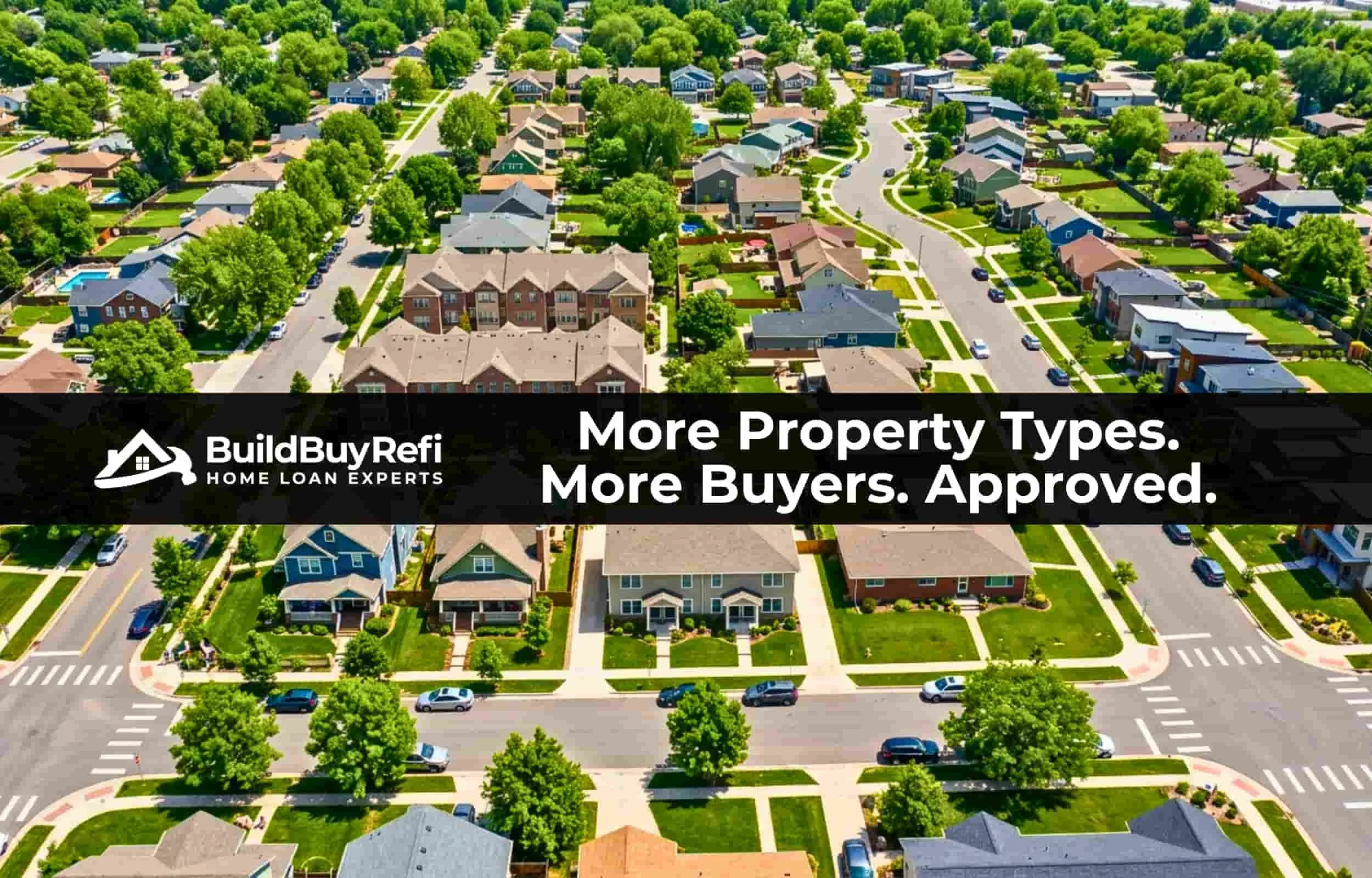 An aerial view of a more urban neighborhood that has different properties from single family, to townhomes, to bigger multi floor condo units, representing many property types offered by BuildBuyRefi.com down payment assistance program.