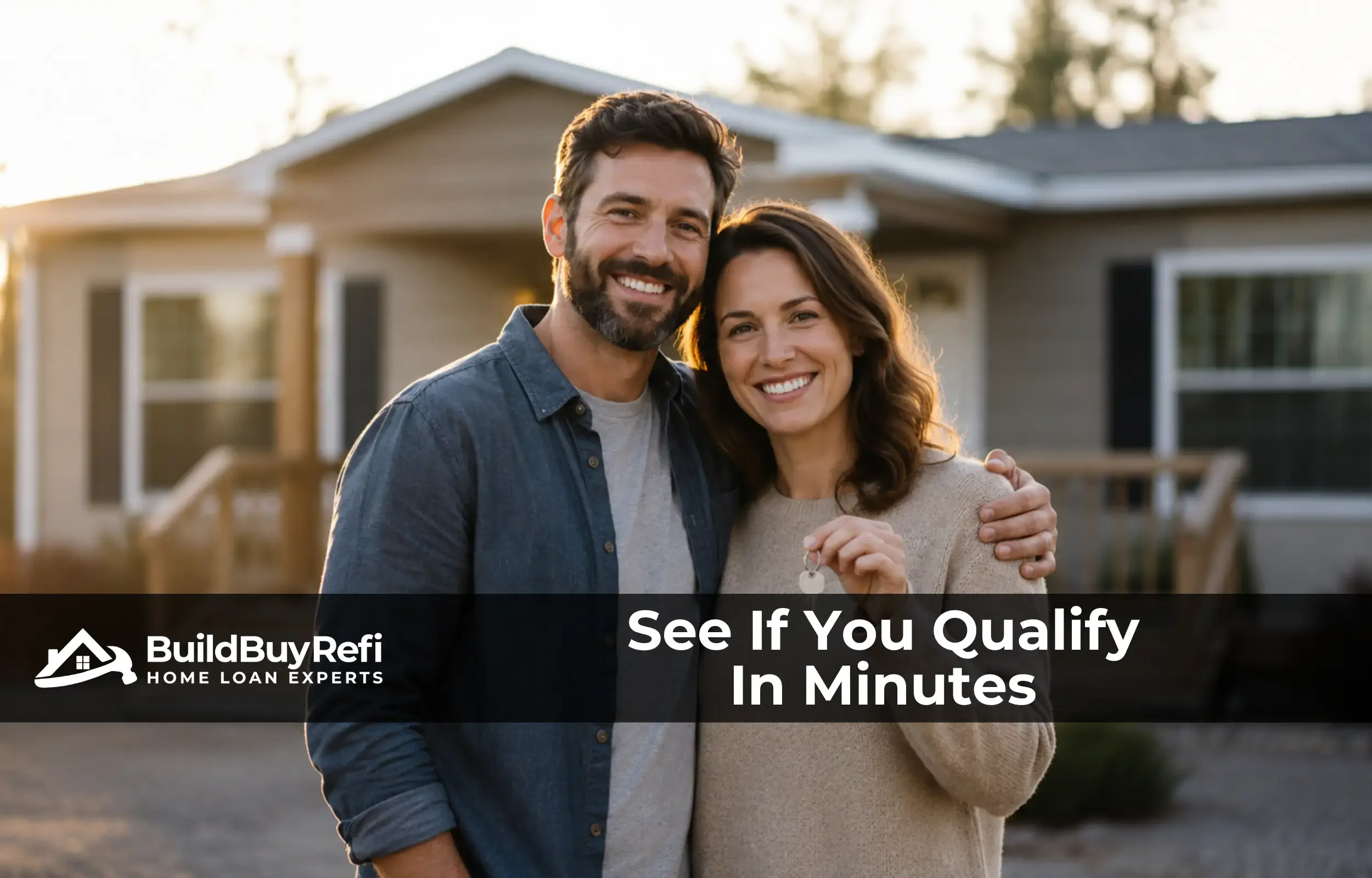Couple holding keys in front of their new manufactured home, showing the buyers and refinancers BuildBuyRefi.com helps qualify.
