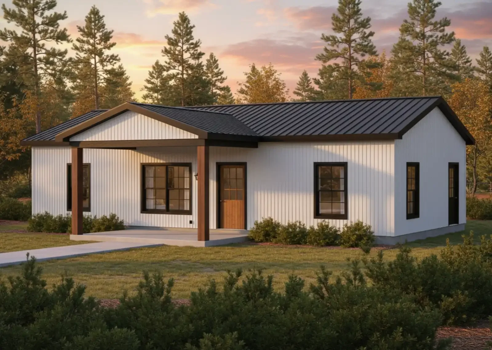 The Estate, Metal Kit Home by Homerun Building Supply with white exterior, dark brown metal roof, covered porch, great beautiful windows, wood accents, and up to 100% financing from BuildBuyRefi.com