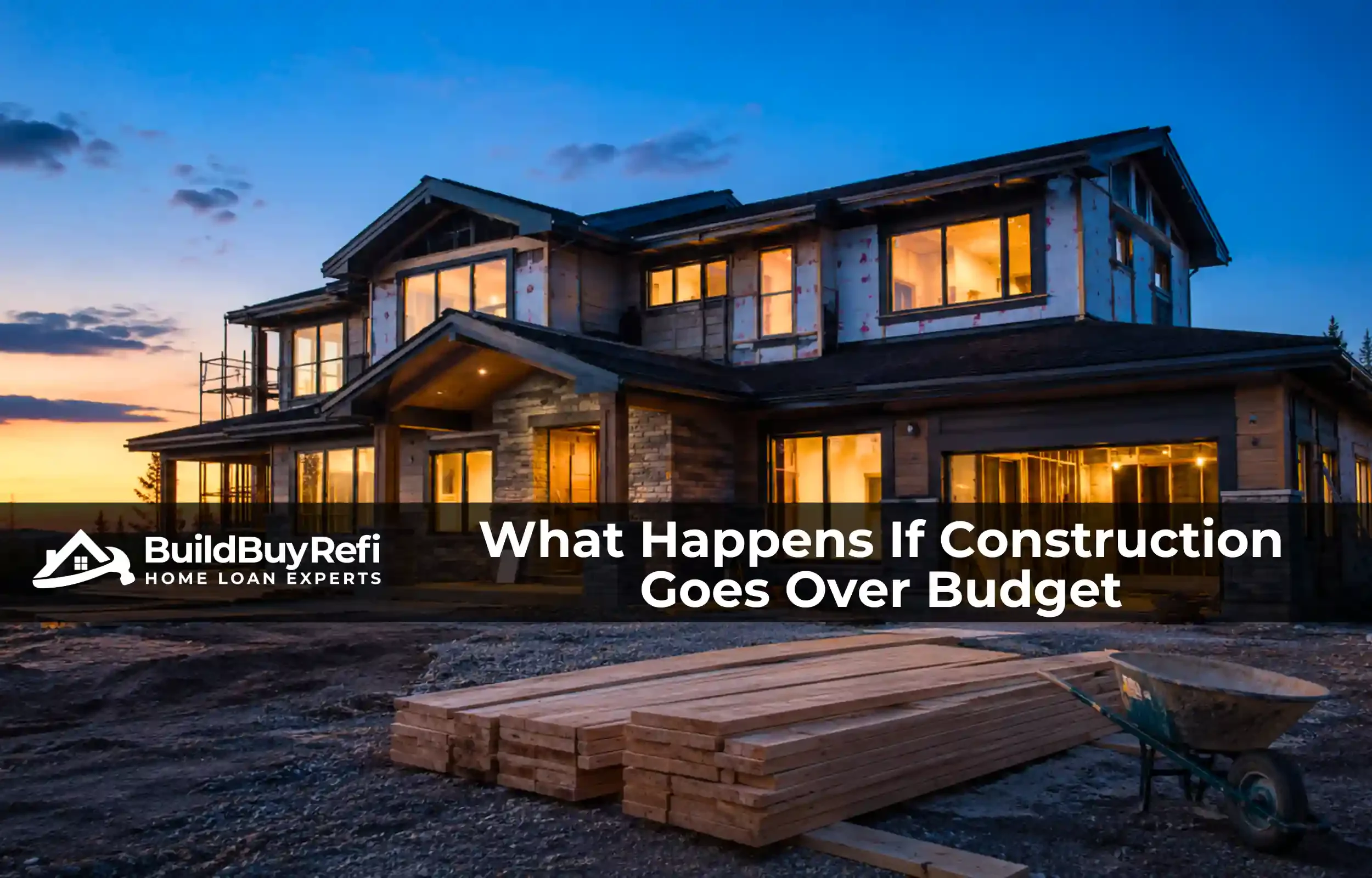 BuildBuyRefi hero image of a custom home in final construction stages at blue hour