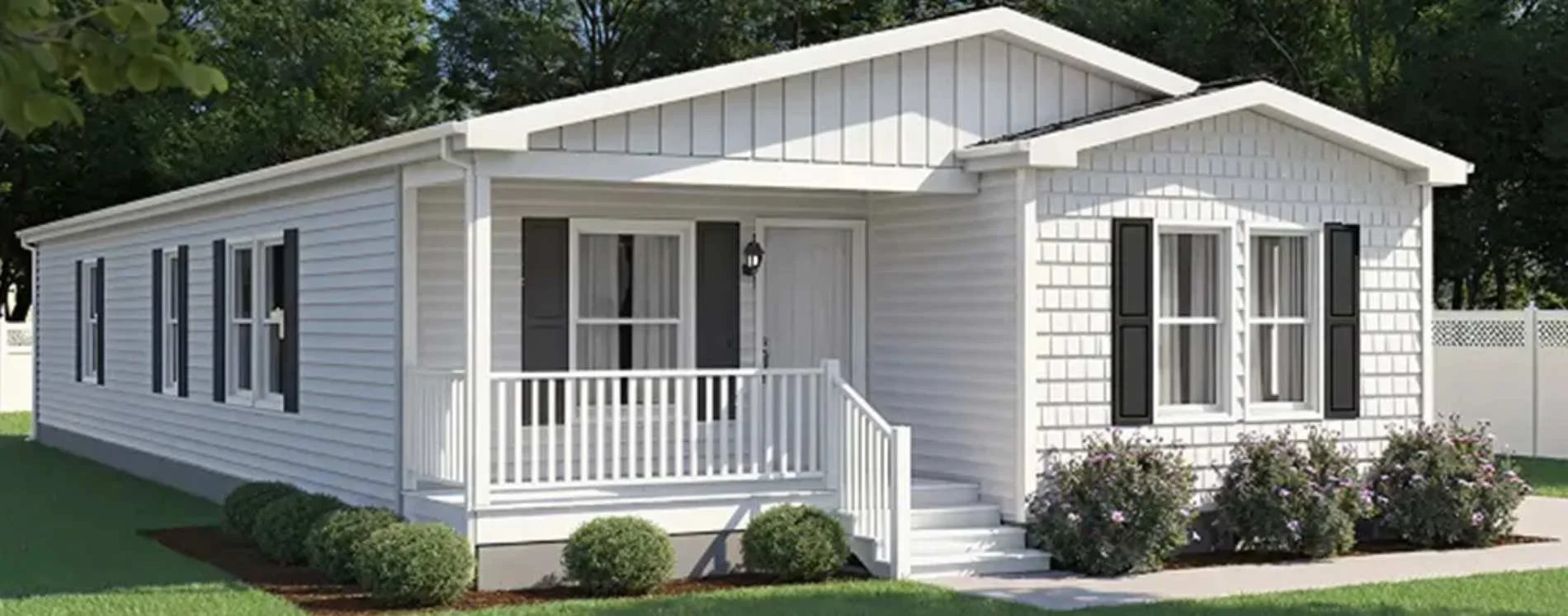 Beautiful one story vaulted manufactured home with full width raised porch, shingled front siding, gabled roof and gorgeous landscaping by Lynn Modular Homes of Virginia, a registered builder/dealer with BuildBuyRefi.com