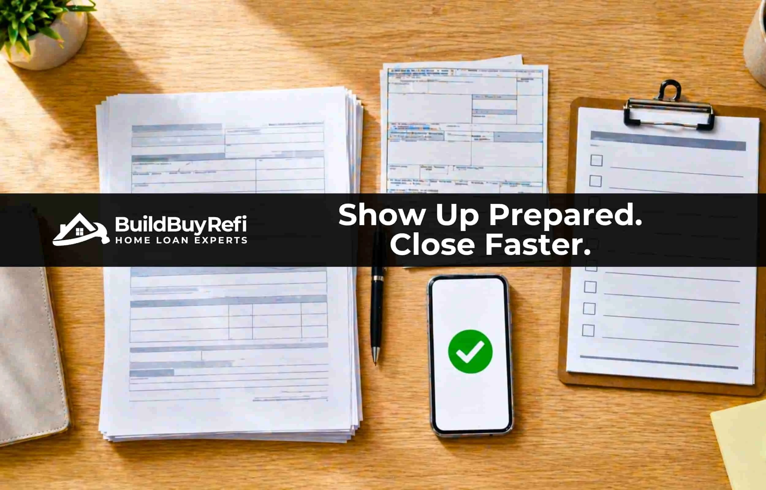 An image showing loan papers, a checklist, a pen, a folio, and a mobile phone on a desk, very organized, representing the preparation and document gathering for a list of items to get approved for down payment assistance with BuildBuyRefi.com