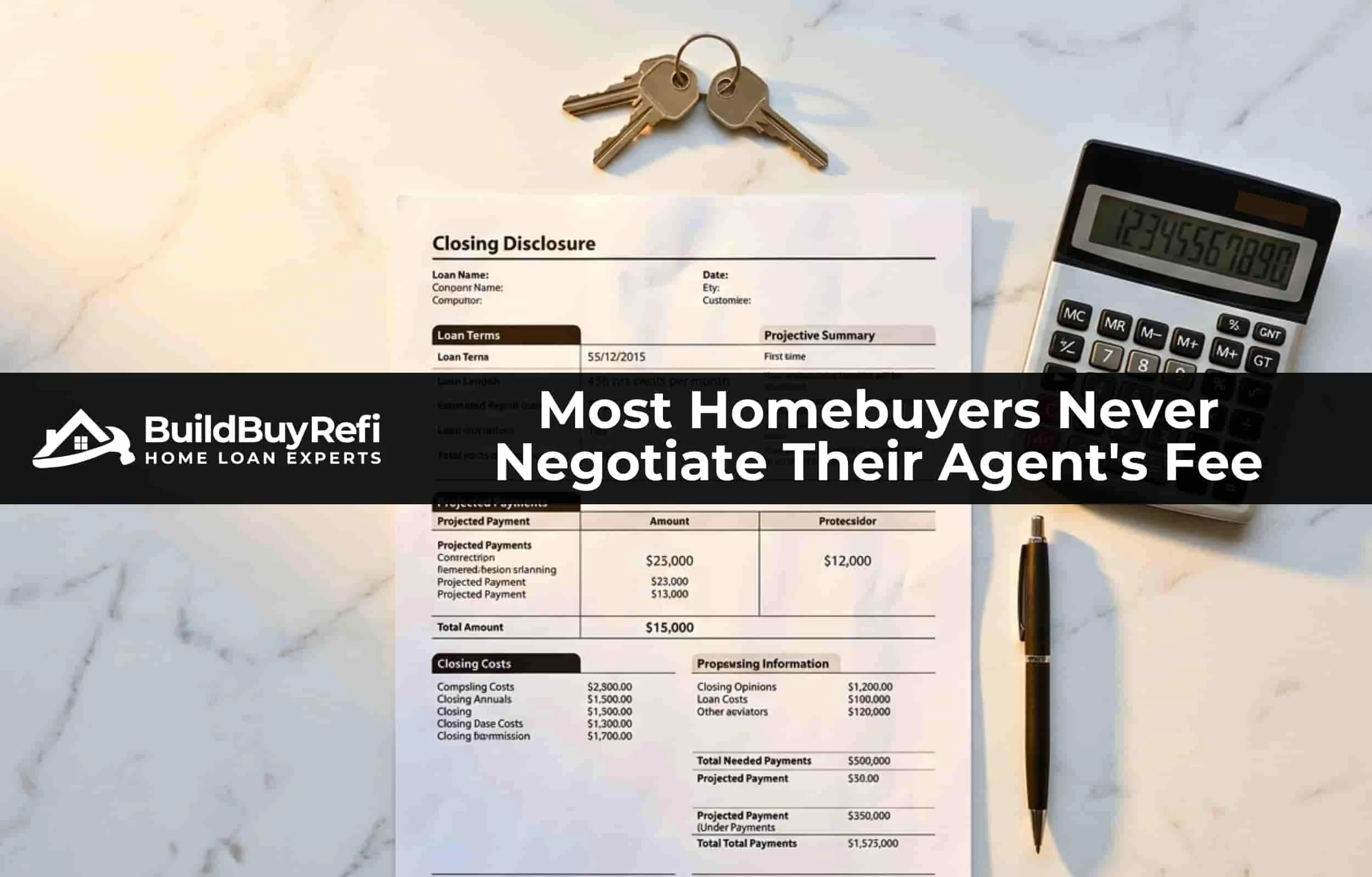 An image of closing fees on a marble table top with house keys, a pen, and calculator, showing fees saved when working with BuildBuyRefi.com