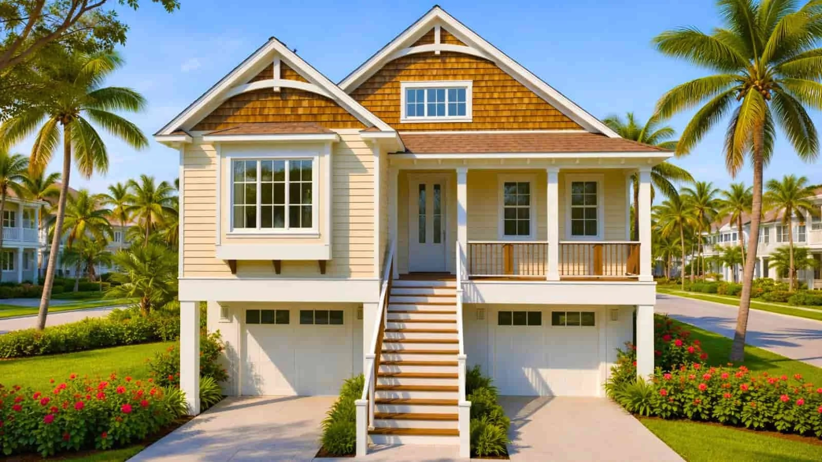 2 ½ story single family design, first floor garage and pier, raising the home with stairway up to the top and covered porch, pop out first floor bay window, and cedar shake dormer on top level. Financing by BuildBuyRefi.com