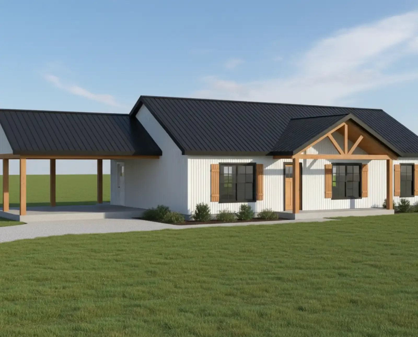 The Farmstead, another popular white sided, dark roof, metal kit home with carport or side porch from Homerun Building Supply, with up to 100% financing with BuildBuyRefi.com