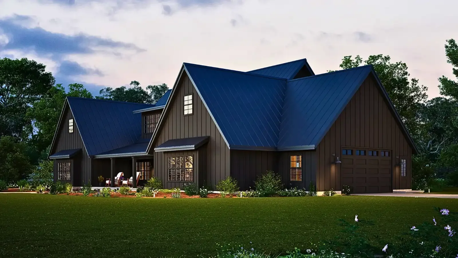 The Black Eagle Metal Home, Black Siding, Black Multi Gabled Roof, 2-Car Garage, beautiful back side view on great landscaping, offered by ModularHome.com and up to 100% land and home barndo loans by BuildBuyRefi.com
