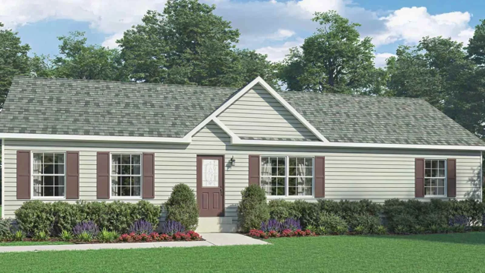 A beautiful custom exterior modular home from Lynn Modular Homes of Virginia, showing a gabled roof, shudders, and gorgeous landscaping, a registered builder with BuildBuyRefi.com