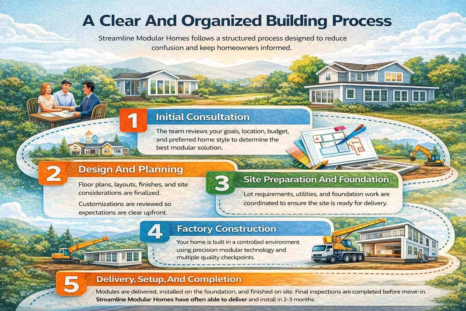 Streamline Modular Homes Infographic on the Modular Home Building Process showing how to reduce construction time line from 30-50%