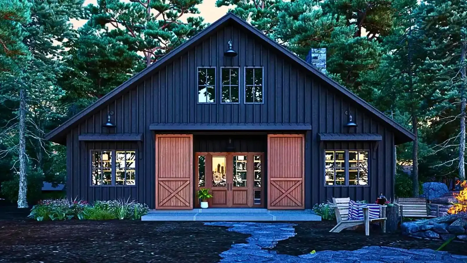 Front image of The Black Timber Barndominium home by ModularHomes.com, offered in all 50 states with up to 100% loans for land and home construction by BuildBuyRefi.com