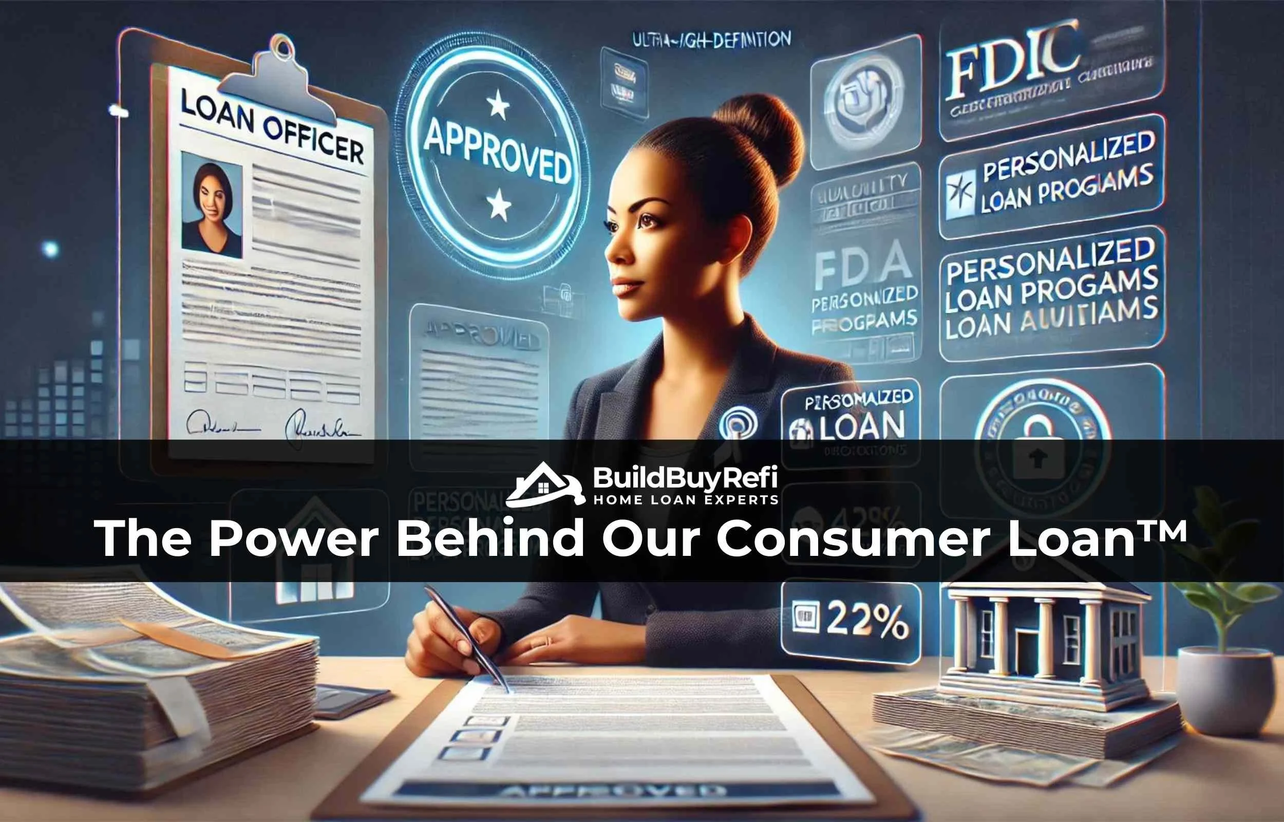 Picture of a Black Professional woman representing BuildBuyRefi.com as a Banker helping approve clients seeking an additional consumer loan with their mortgage Loan.