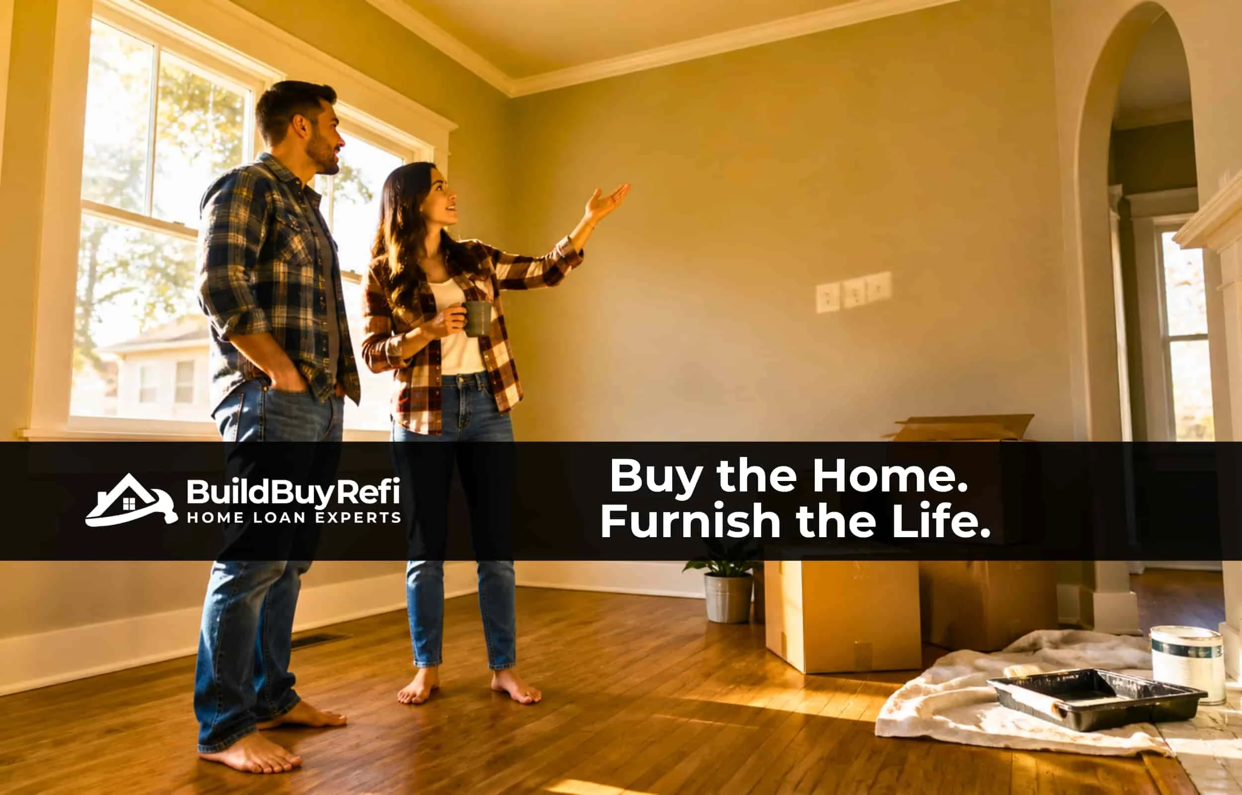 A young hispanic couple standing barefoot on hardwood floor in their living room with moving boxes and paint supplies, wife holding coffee cup discussing how to furnish their new home purchased with an ITIN Home Loan and BuildBuyRefi Consumer loan.