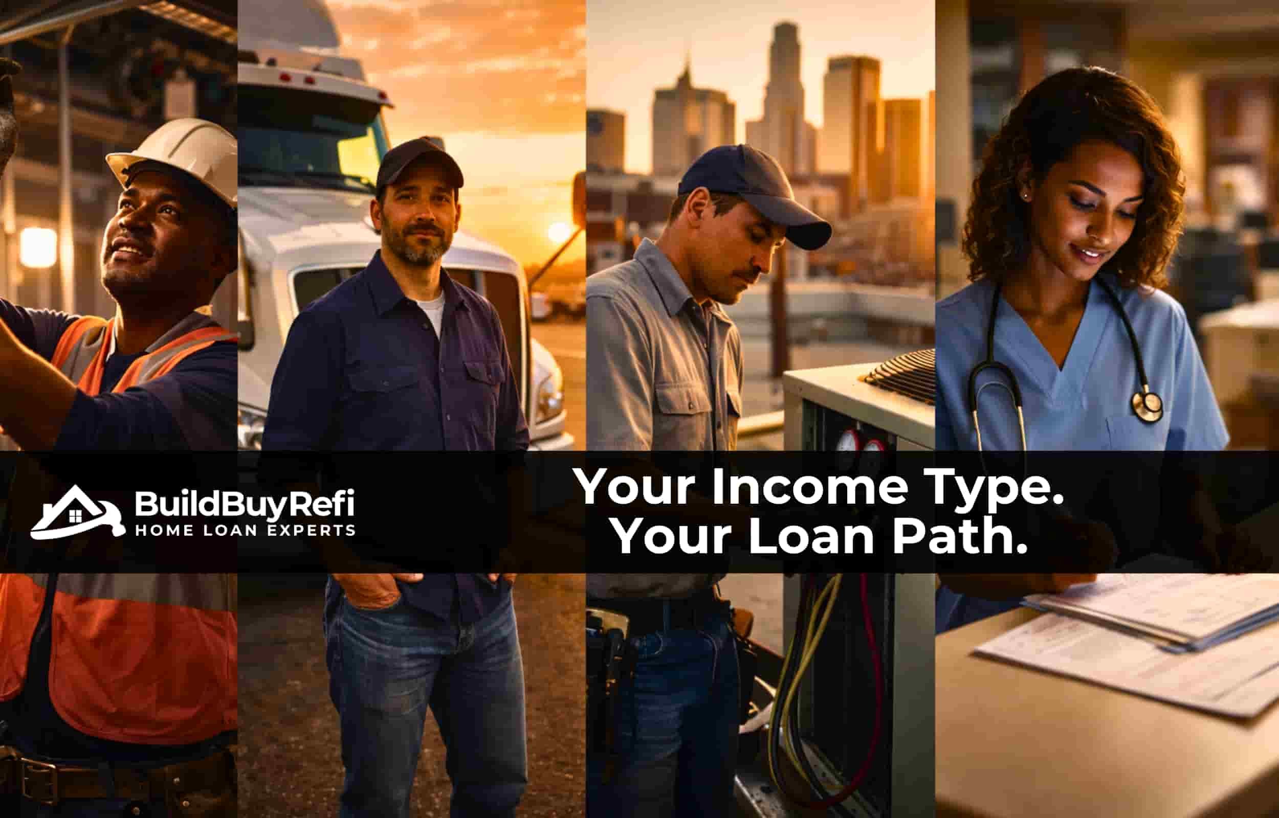 Four-Section split image showing a black foreman in a hardhat on the far left, to his right is a truck driver standing infront of a semi, to his right an HVAC laborer on a city rooftop and a black nurse doing paperwork.