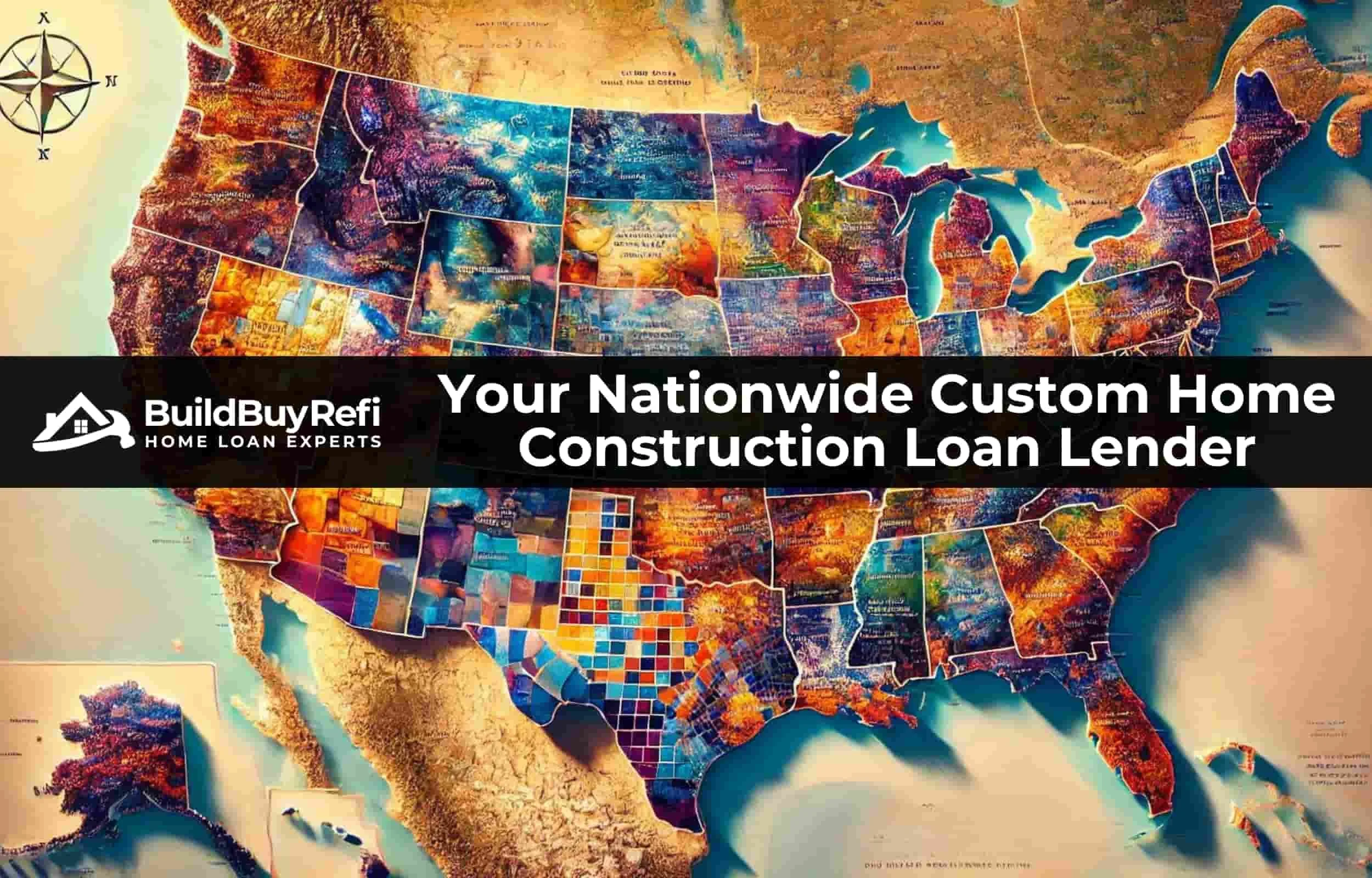 BuildBuyRefi.com offers up to 100% financing nationwide for land and home construction packages, image of a colorful infographic topography map of The United States
