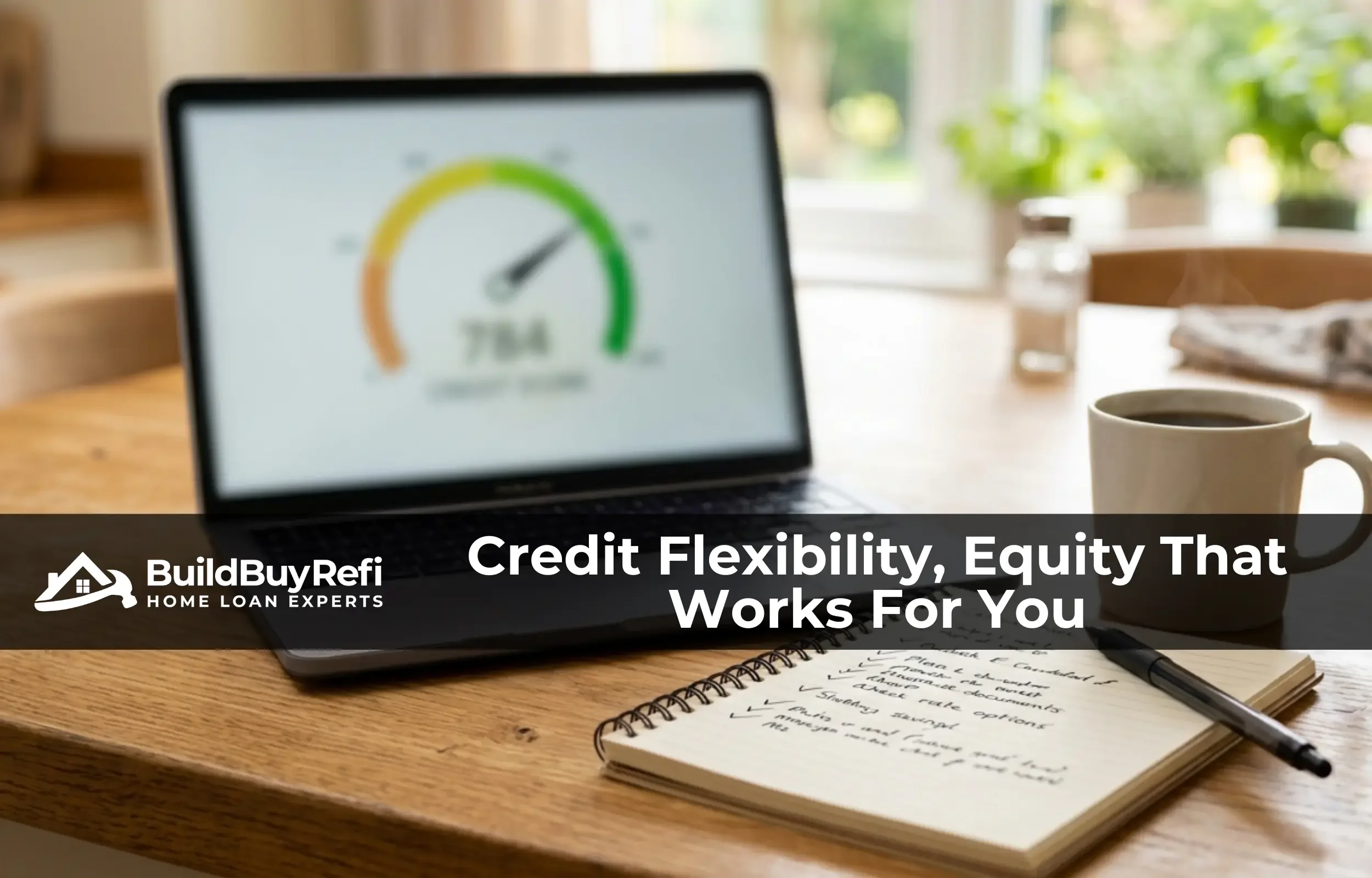 Laptop showing a rising credit gauge for a cash-out refinance, illustrating the credit guidance available at BuildBuyRefi.com.