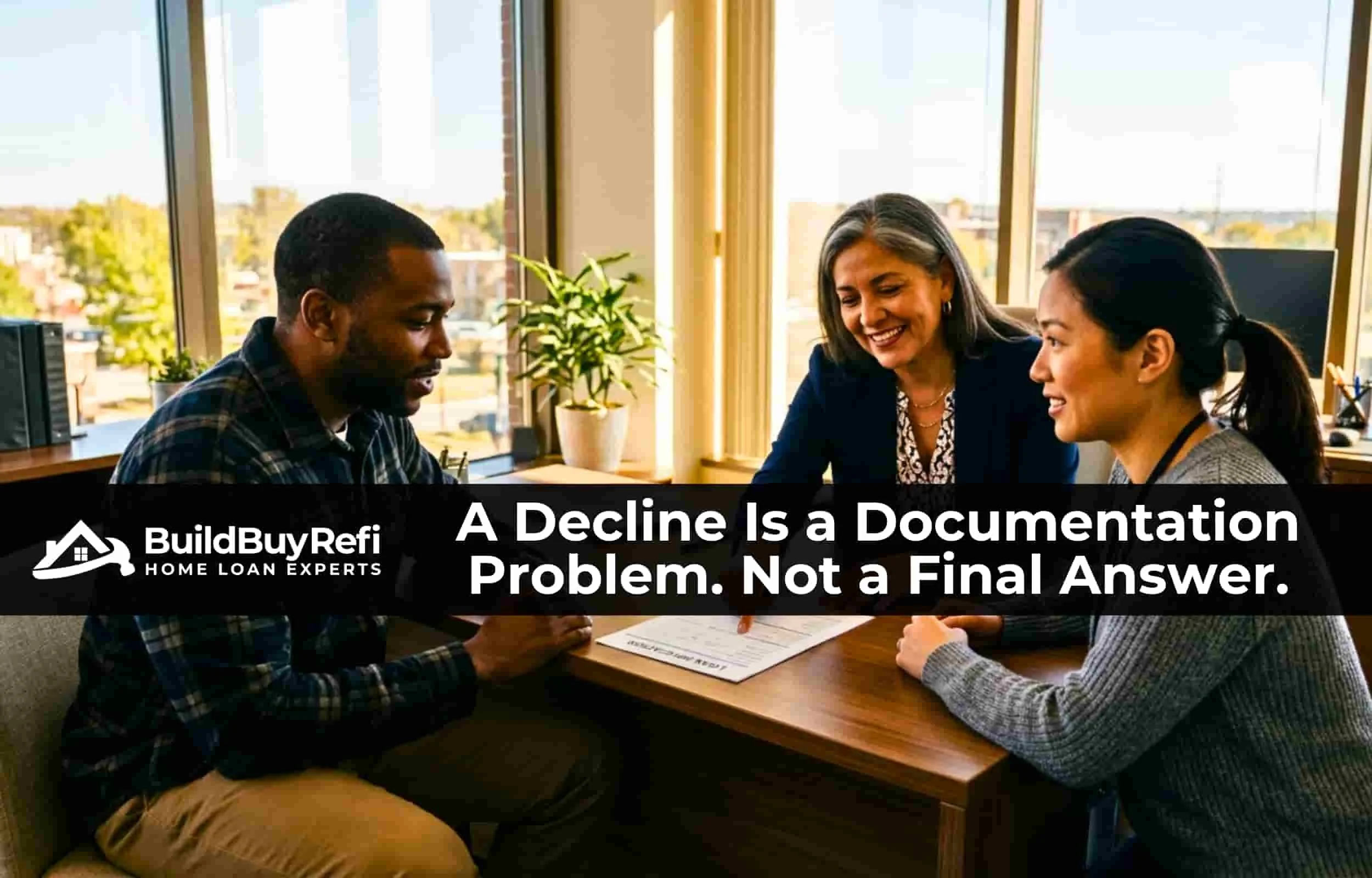 A hardworking couple, a black man in a flannel shirt, and his asian wife in a sweater sitting at the desk of a hispanic woman loan officer going over loan paperwork, everyone is smiling and looking for a loan approval.