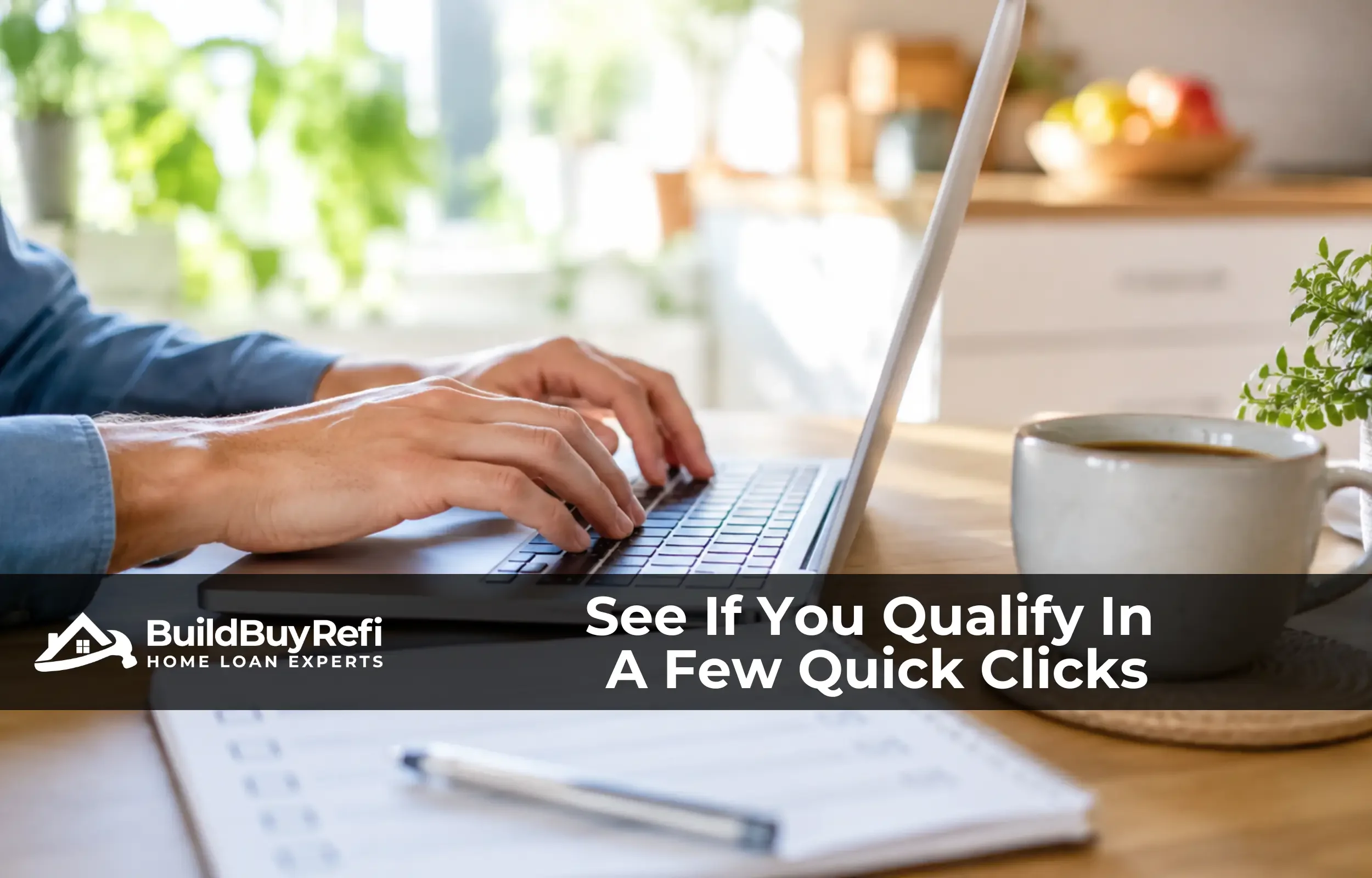 Homeowner checking cash-out refinance qualifications on a laptop, representing the simple eligibility process at BuildBuyRefi.com.