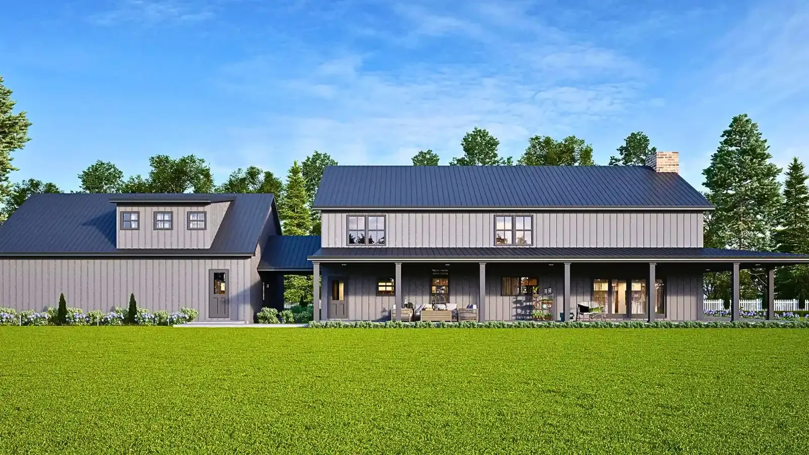 The Grey Haven Barndominium rear elevation view, triple sliding door rear access, garage with covered walkway, apartment above garage, brick fireplace, purchase at ModularHome.com and land and home financing through BuildBuyRefi.com