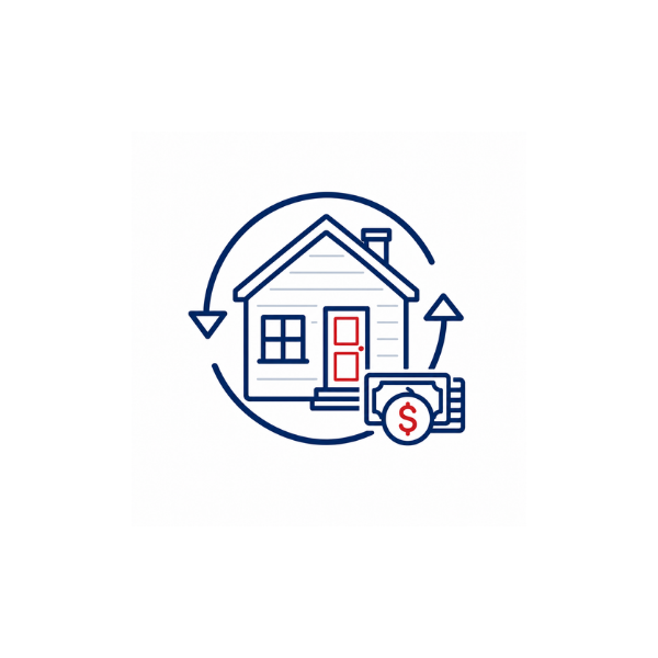Cash-out refinance icon showing a home with circular refinance arrows and cash, representing home equity loans from BuildBuyRefi.com