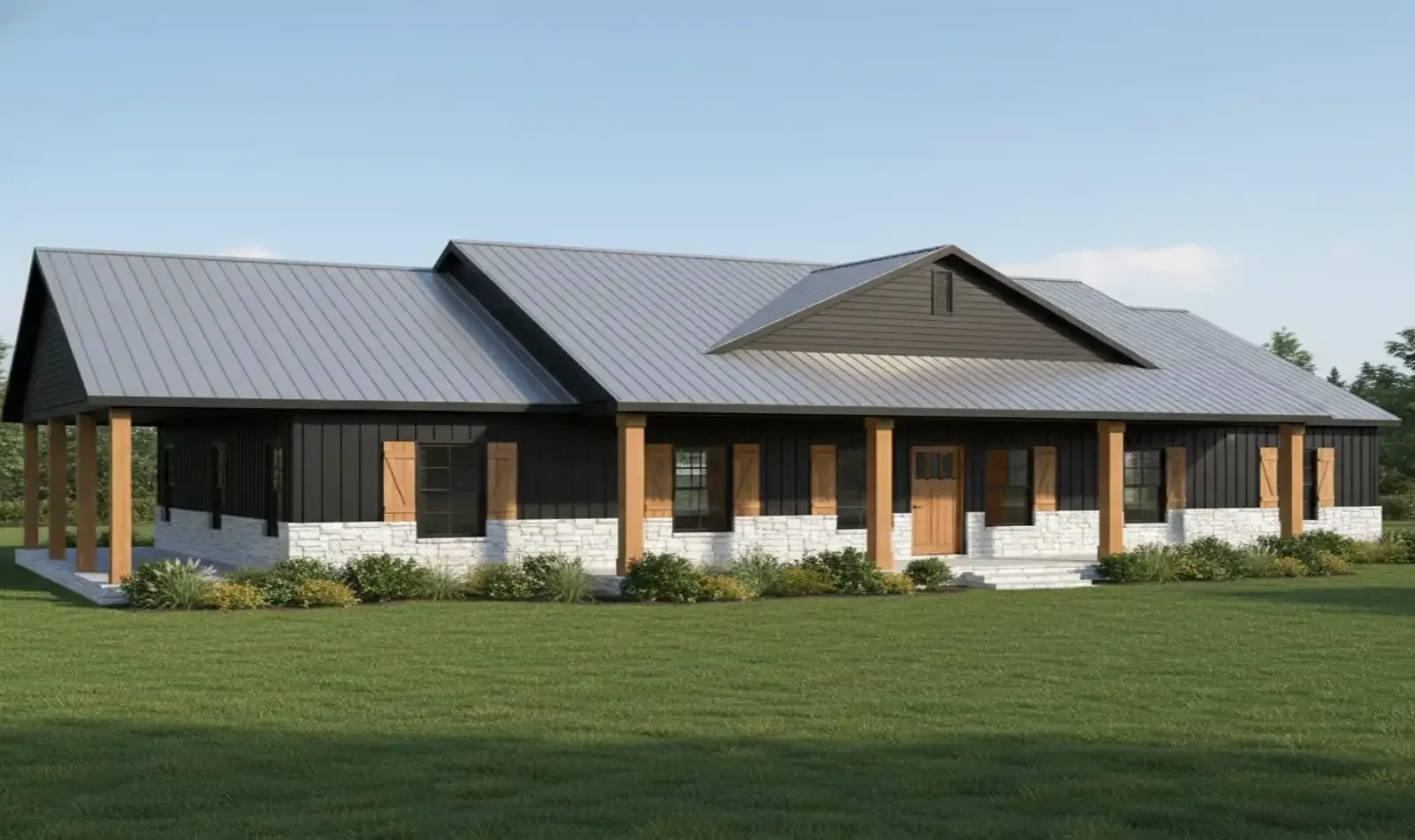 Get up to 100% construction and land loan with BuildBuyRefi on The Ranchland Barndominium home from Homerun Building Supply, dark metal siding and roof, with white stone, ½ wrap around covered porch & massive wood beams.