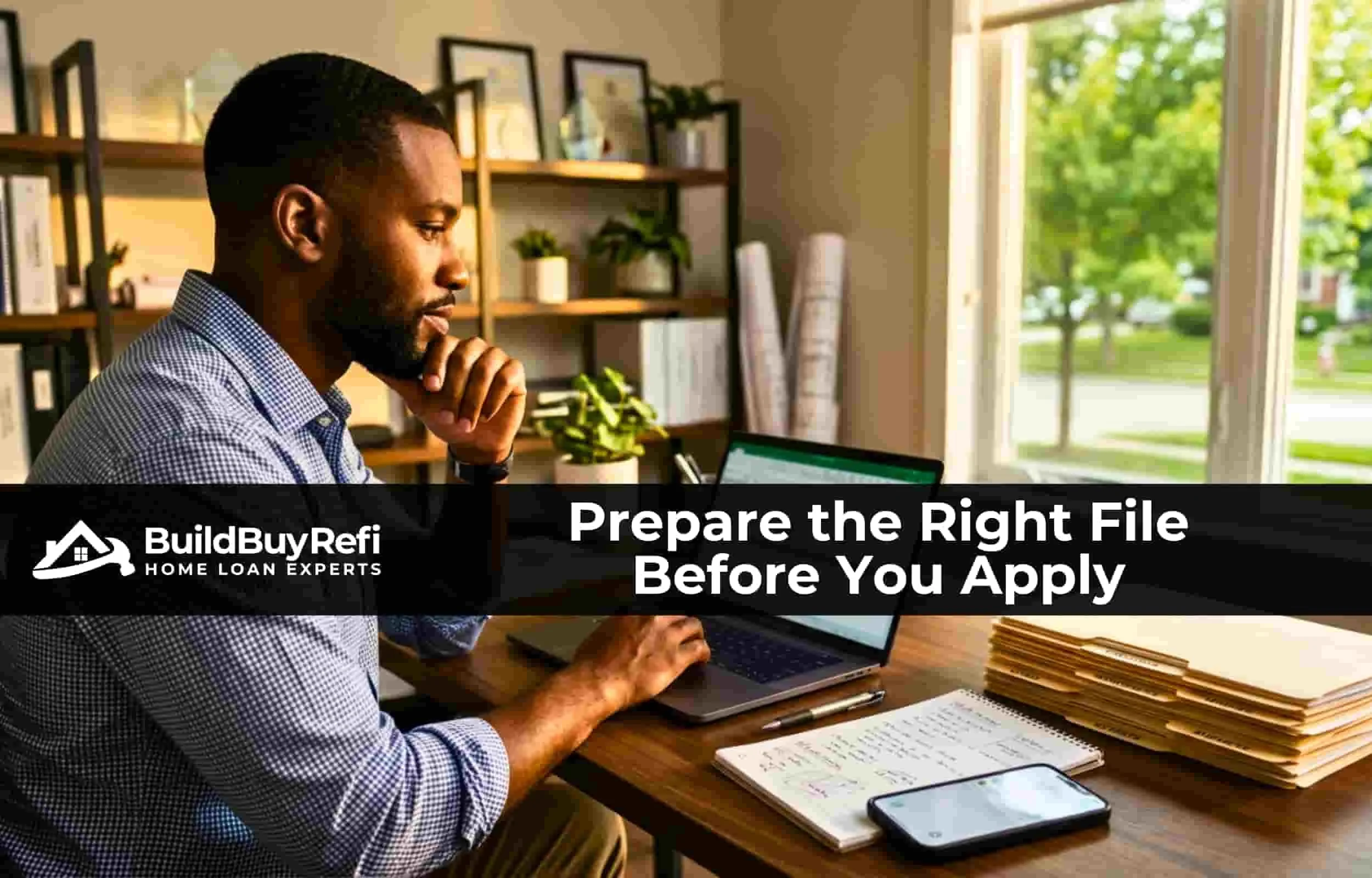 A Self Employed Black Man sitting in his home office with files, and papers, a phone and laptop with book shelf and house plans in the corner, appearing to be working on a checklist of items to prepare for his loan with BuildBuyRefi.com
