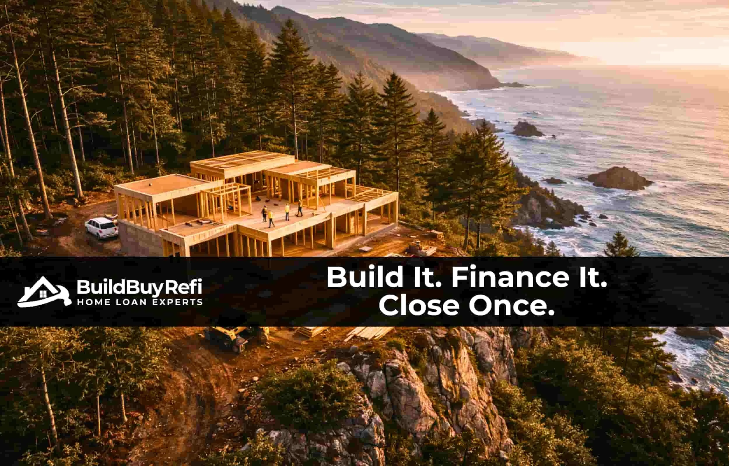 An image of a home under construction up on the cliffs overlooking the ocean in the pines, this could be in Big Sur or Oregon Coastal area, there are construction workers, equipment, and a frame out house on the jobsite.