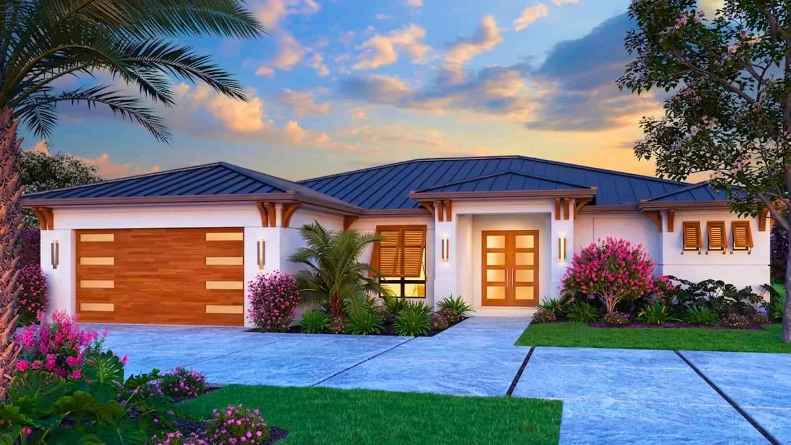 Gorgeous one story Florida home, custom wood and glass garage door, pop out wood wind shades, metal roof, beautiful custom driveway and great landscaping, double door entry, custom Glades & Bay Constructed home financed by BuildBuyRefi.com